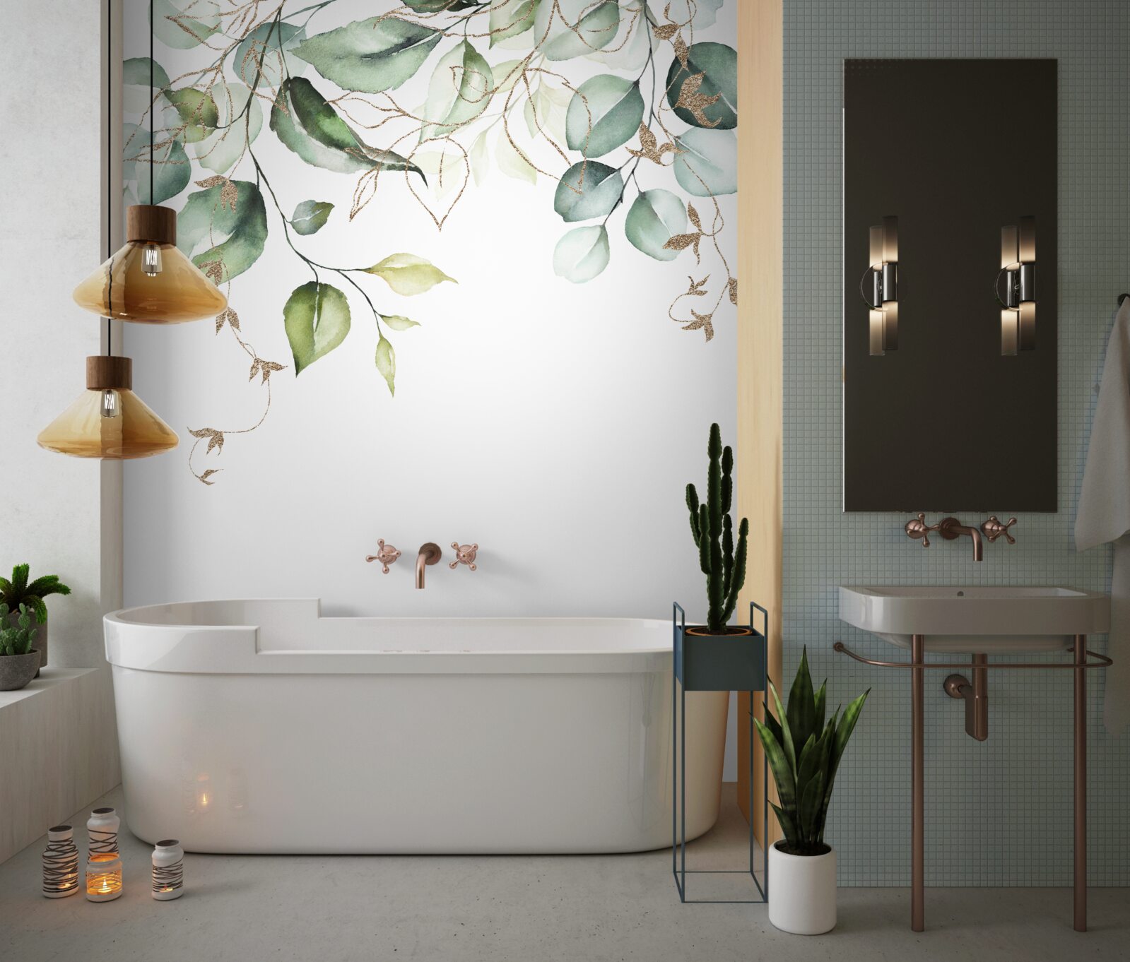 Fototapet Acuarelă cu frunze verzi pe un fundal alb