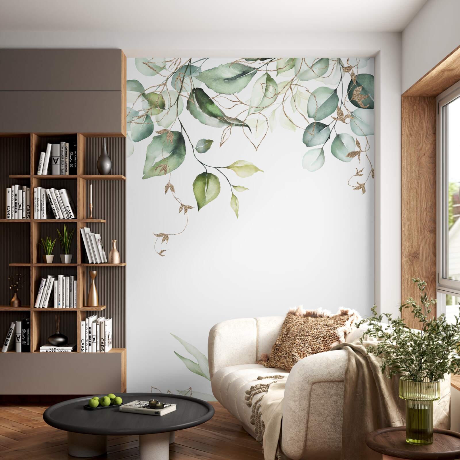 Fototapet Acuarelă cu frunze verzi pe un fundal alb