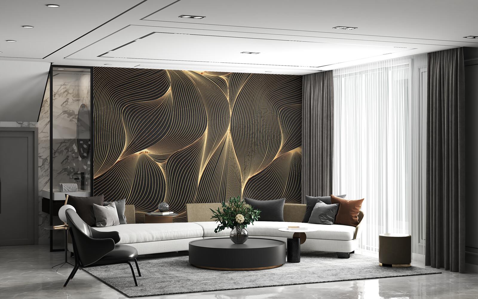 Fototapet abstract cu linii aurii netede