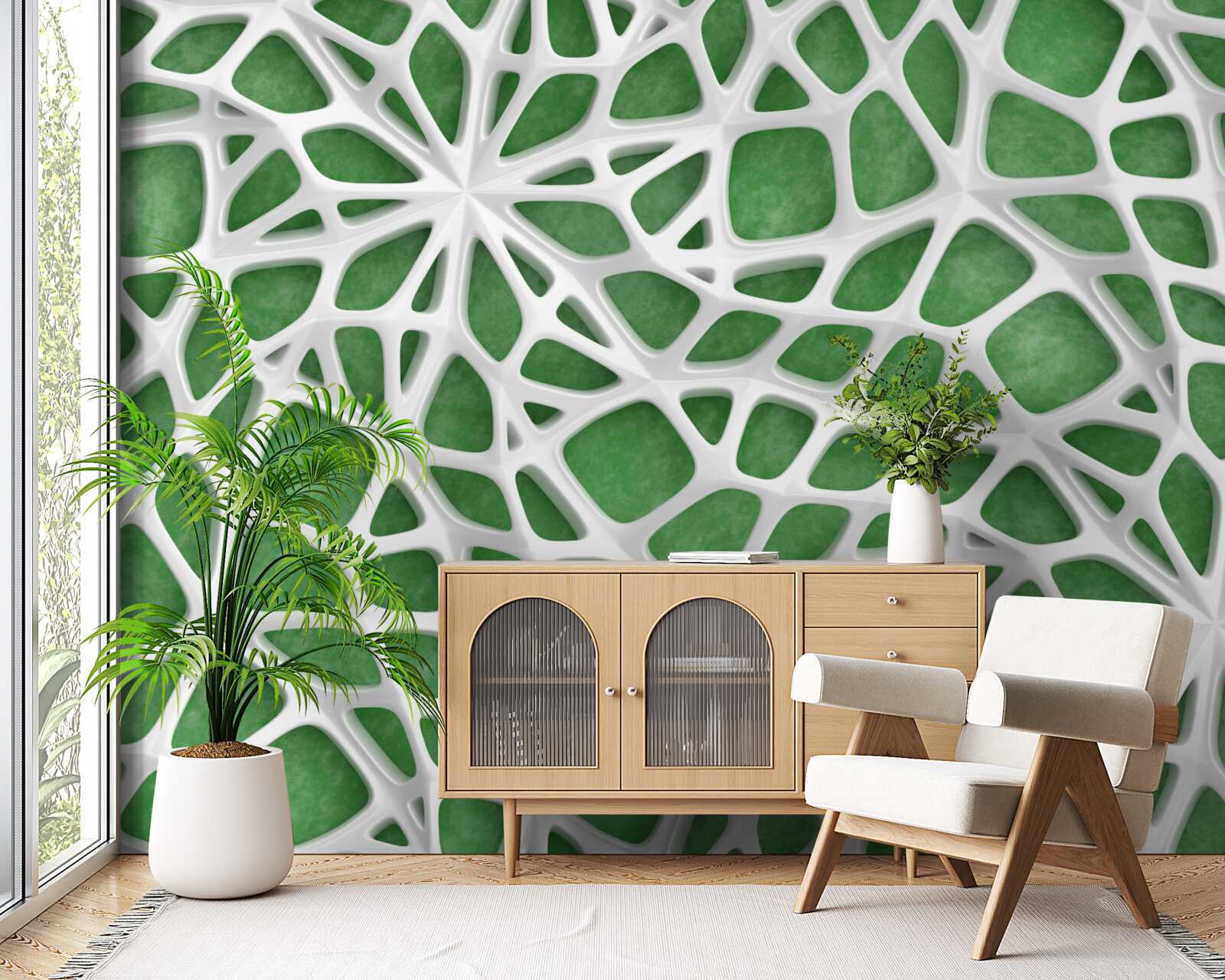 Fototapet pe un fundal verde se află o pânză mare de păianjen albă