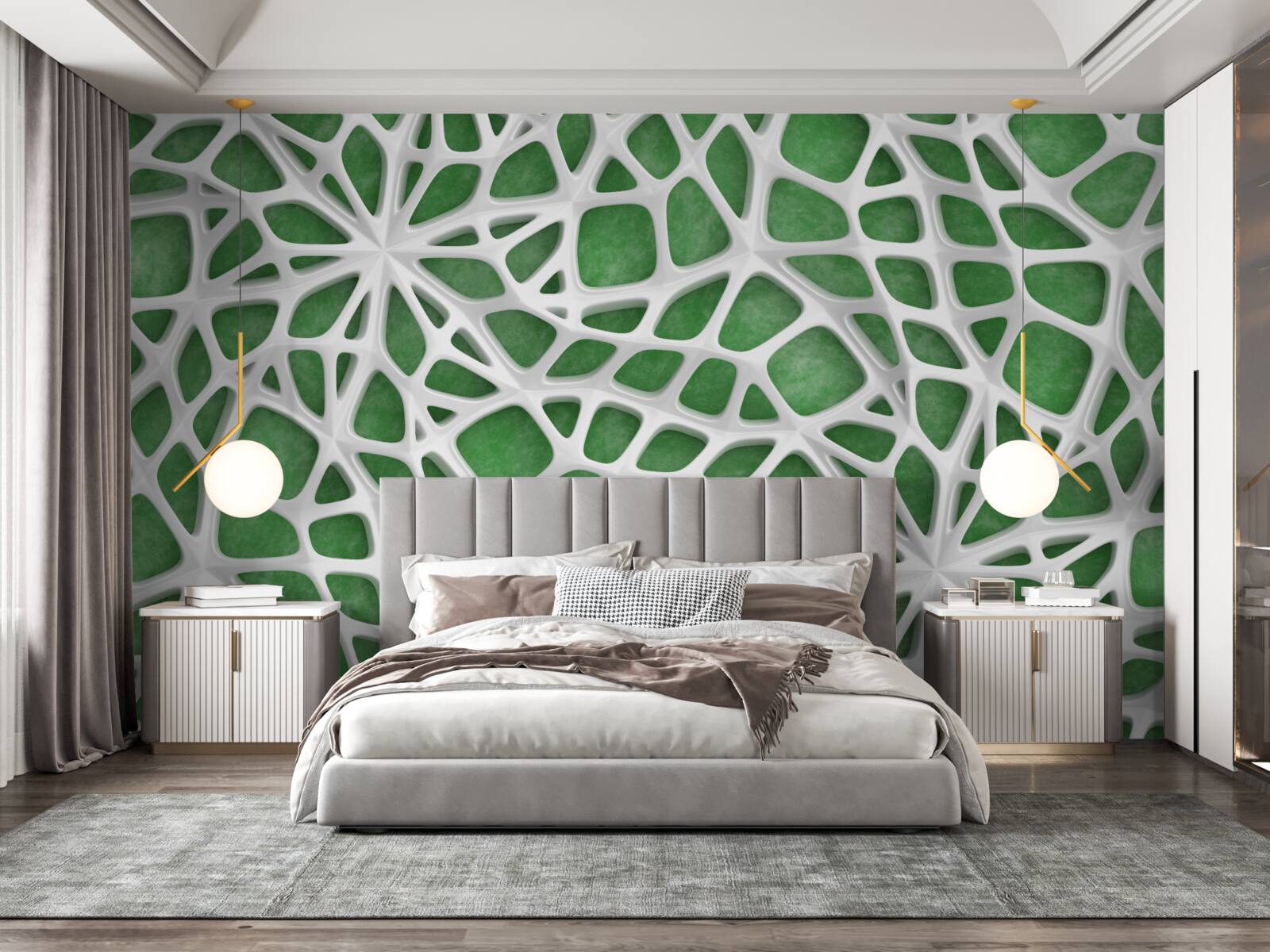 Fototapet pe un fundal verde se află o pânză mare de păianjen albă