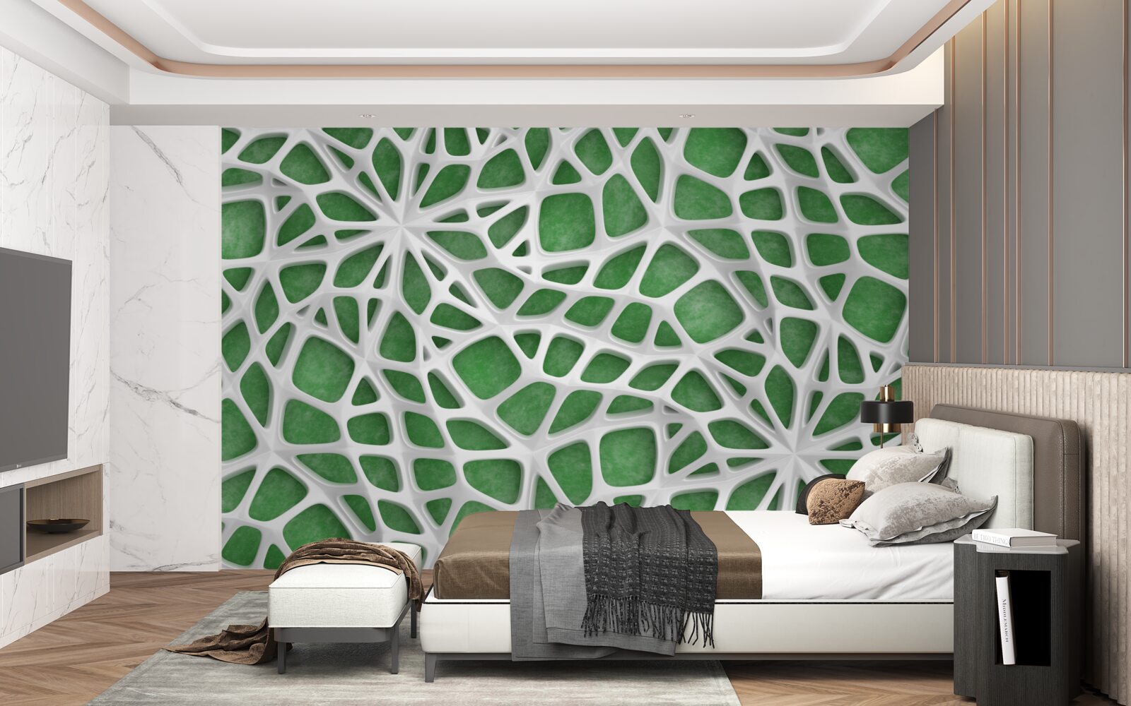 Fototapet pe un fundal verde se află o pânză mare de păianjen albă