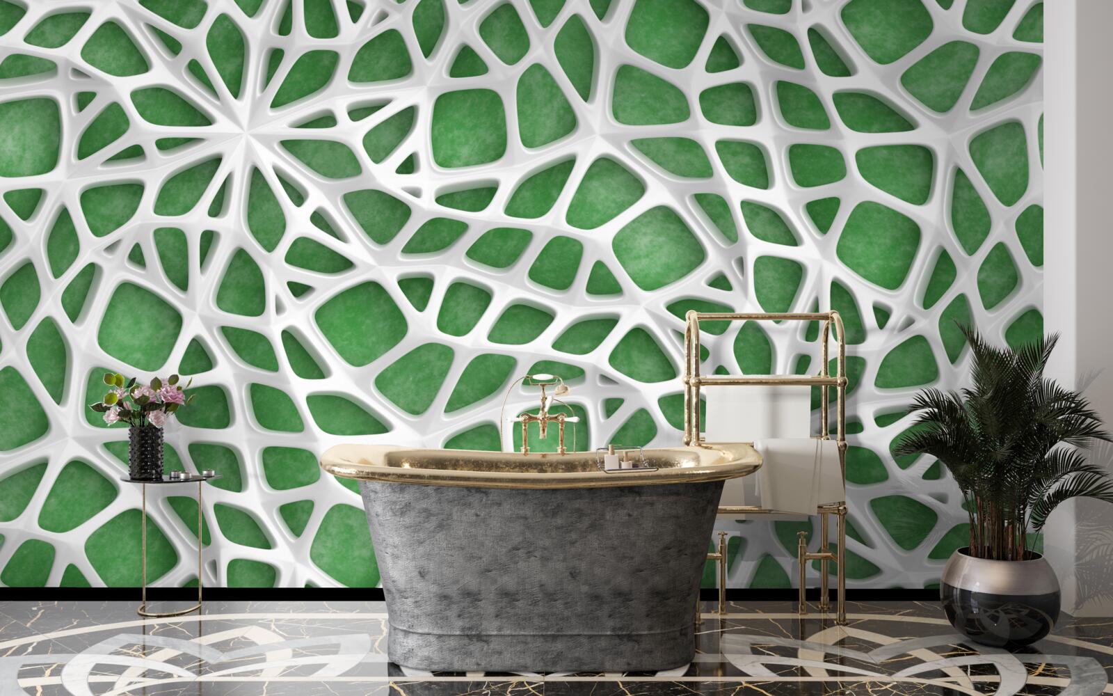 Fototapet pe un fundal verde se află o pânză mare de păianjen albă