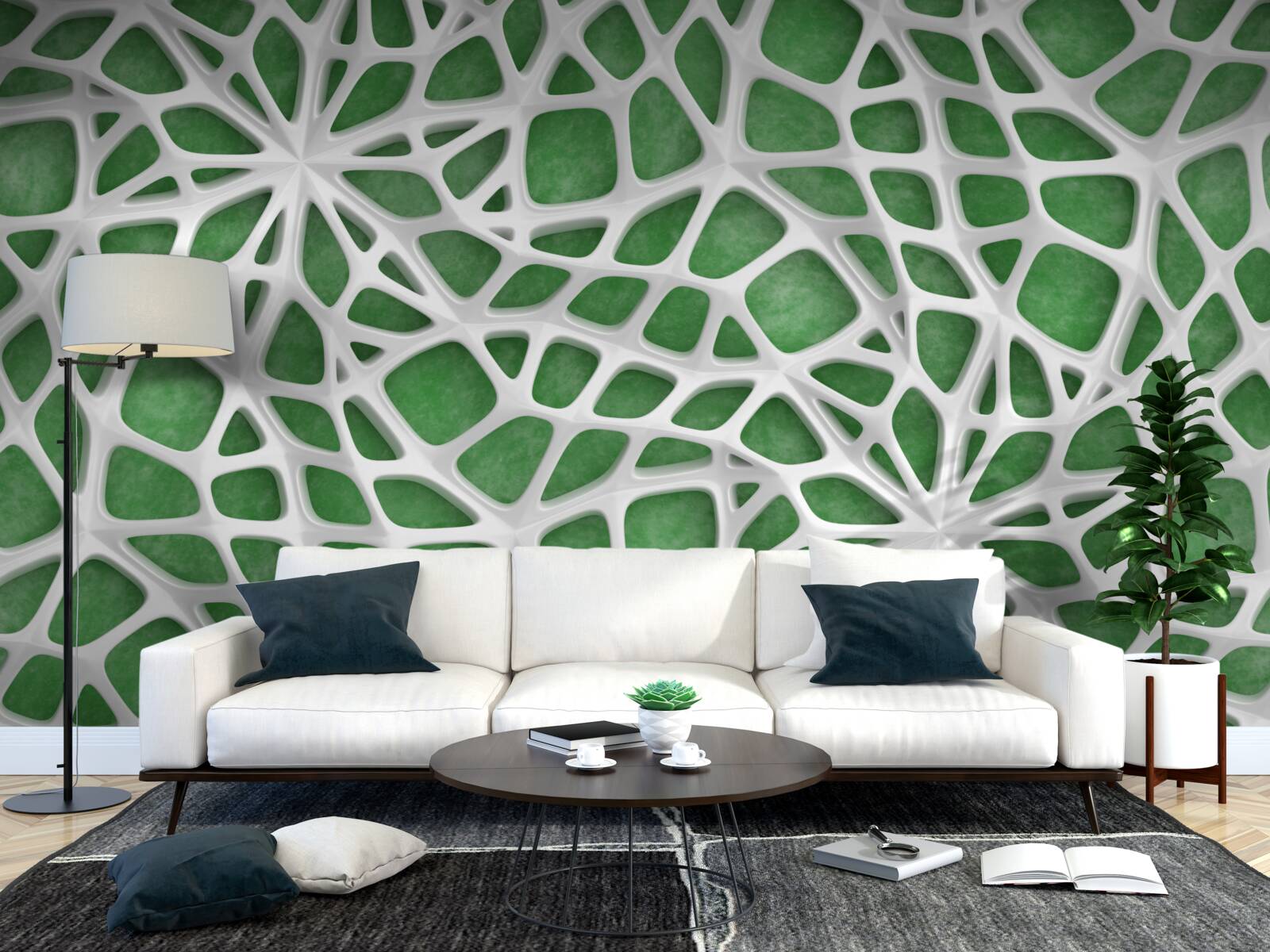 Fototapet pe un fundal verde se află o pânză mare de păianjen albă