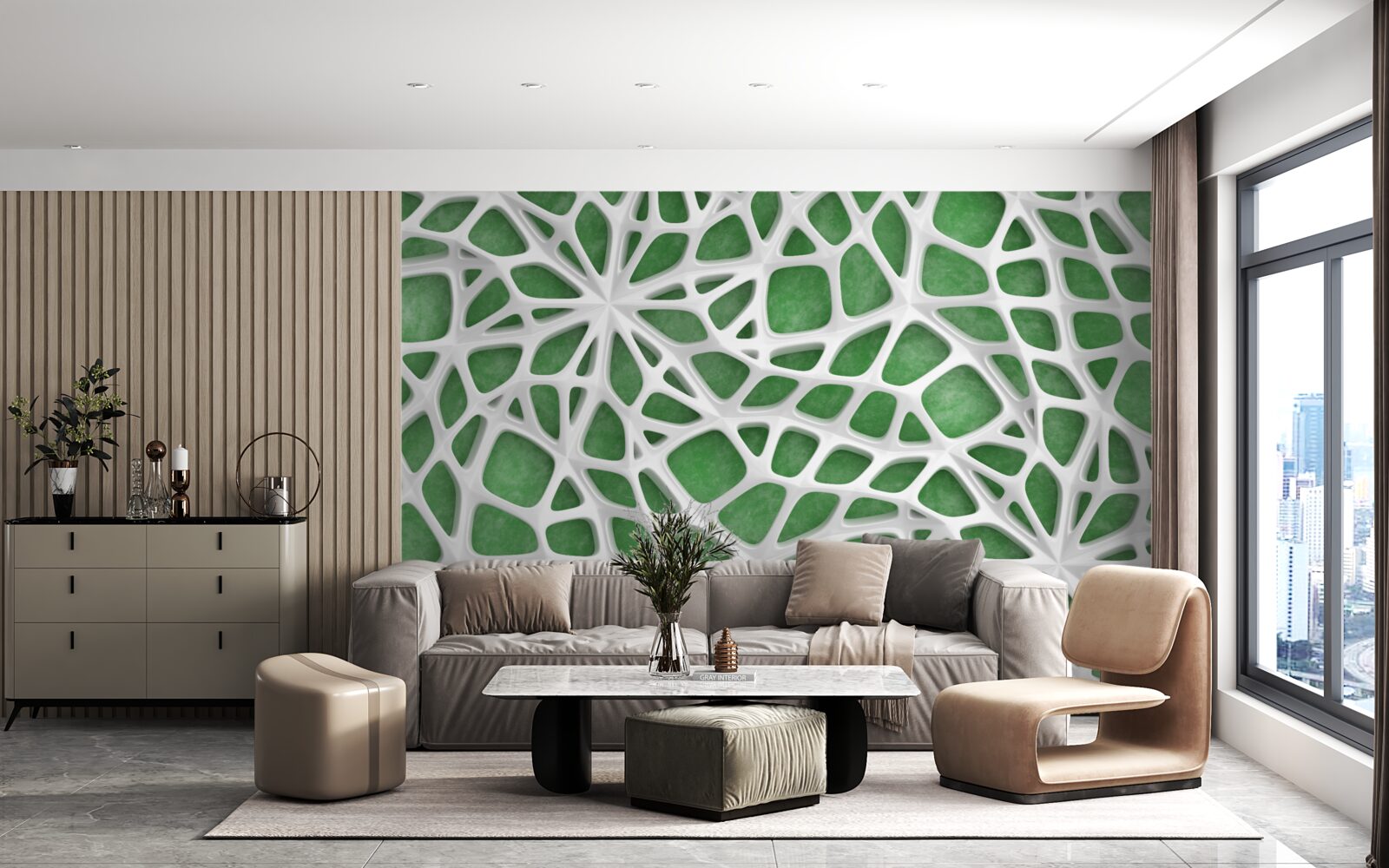 Fototapet pe un fundal verde se află o pânză mare de păianjen albă