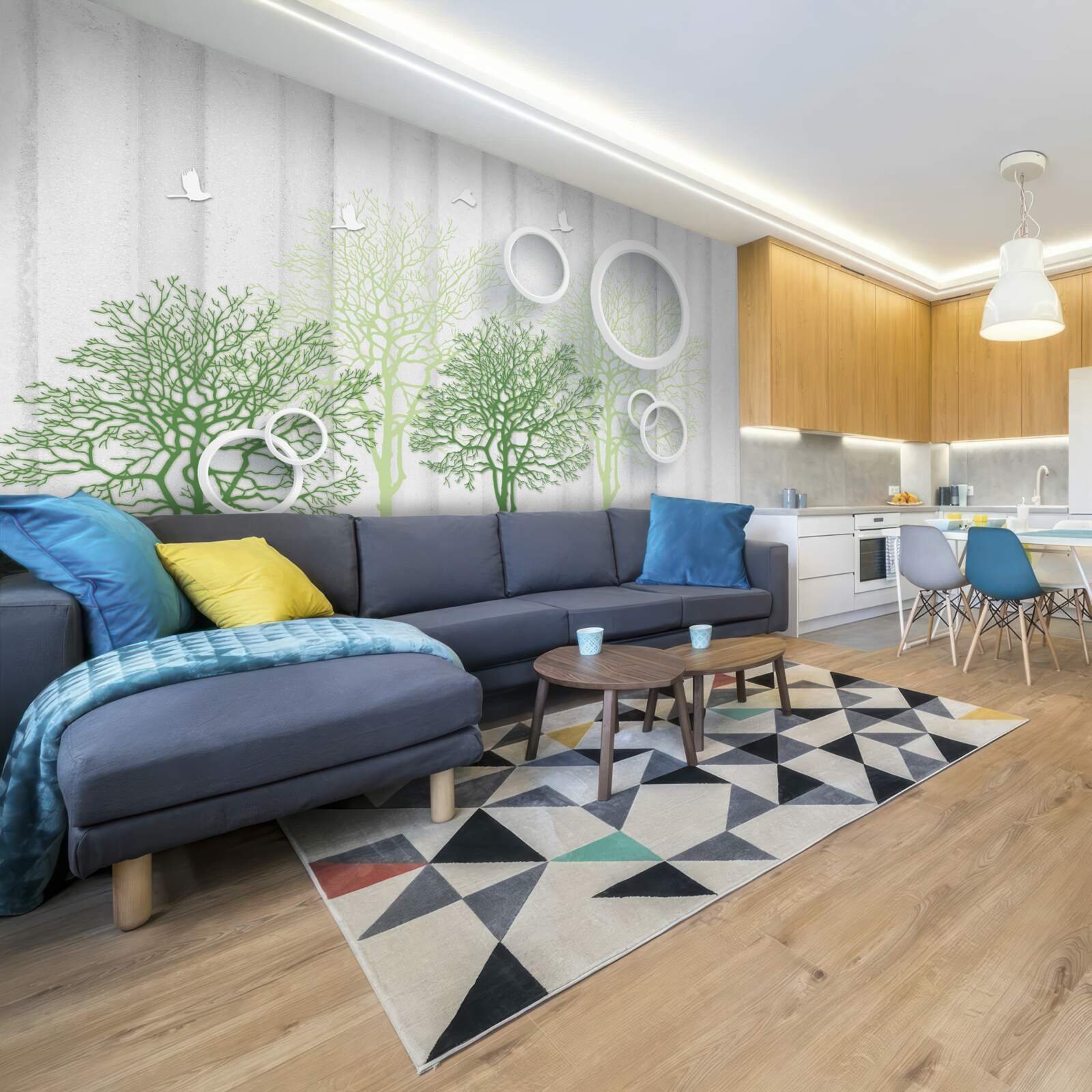 Fototapet copaci subțiri cu frunze verzi și cercuri albe ca zăpada