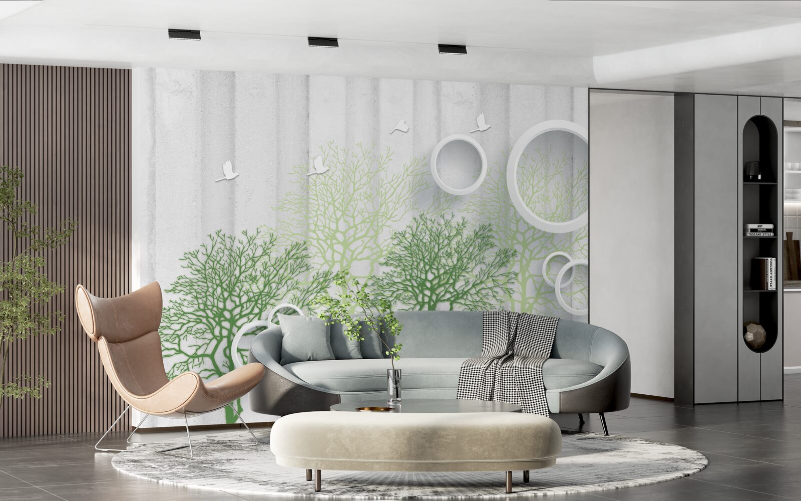 Fototapet copaci subțiri cu frunze verzi și cercuri albe ca zăpada