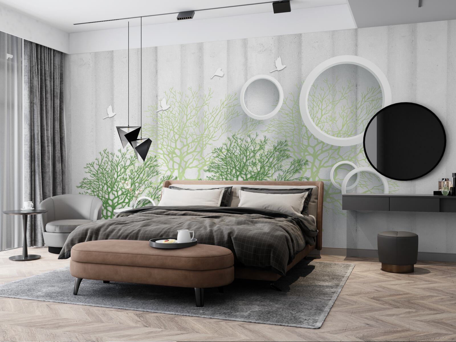 Fototapet copaci subțiri cu frunze verzi și cercuri albe ca zăpada