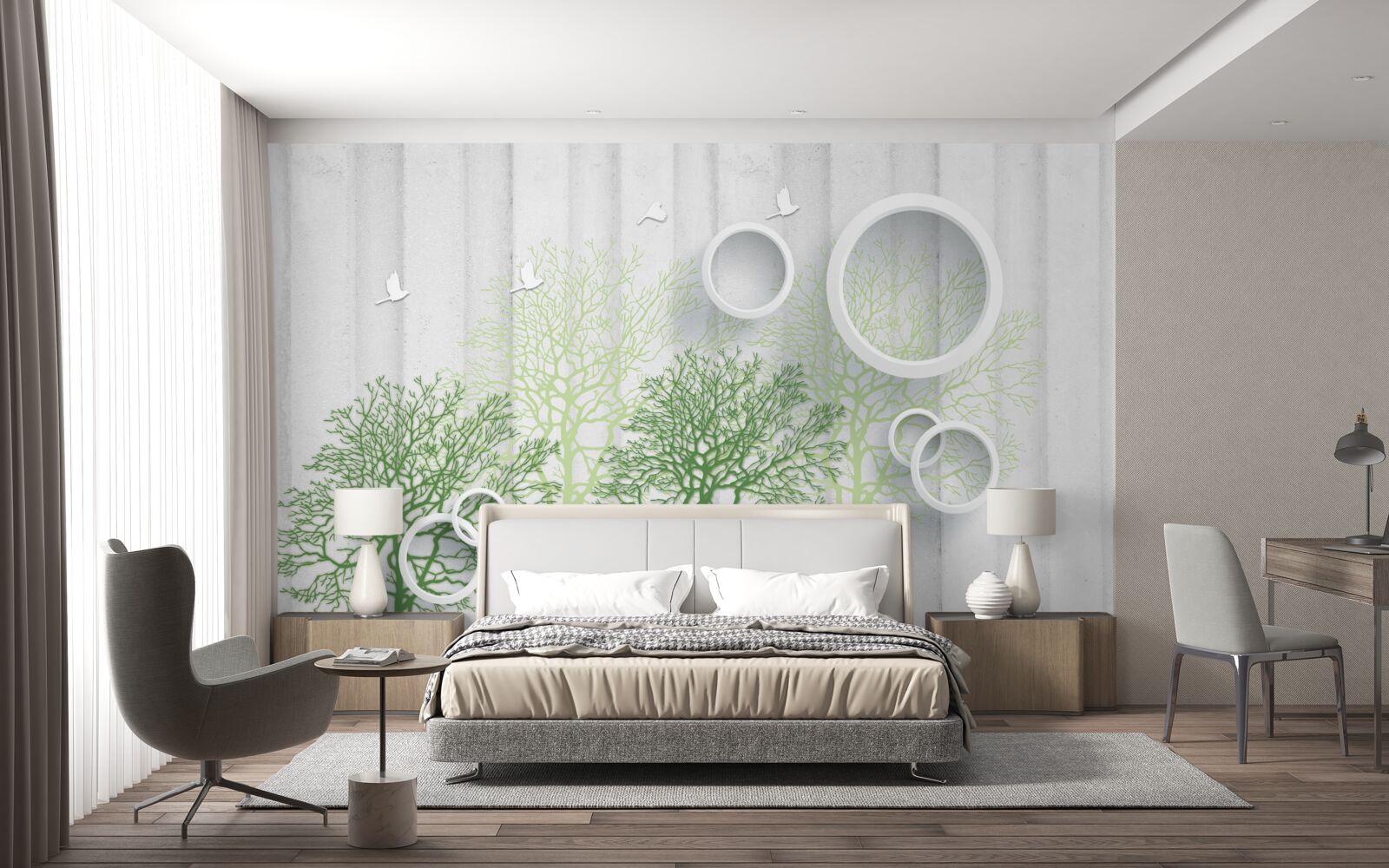 Fototapet copaci subțiri cu frunze verzi și cercuri albe ca zăpada