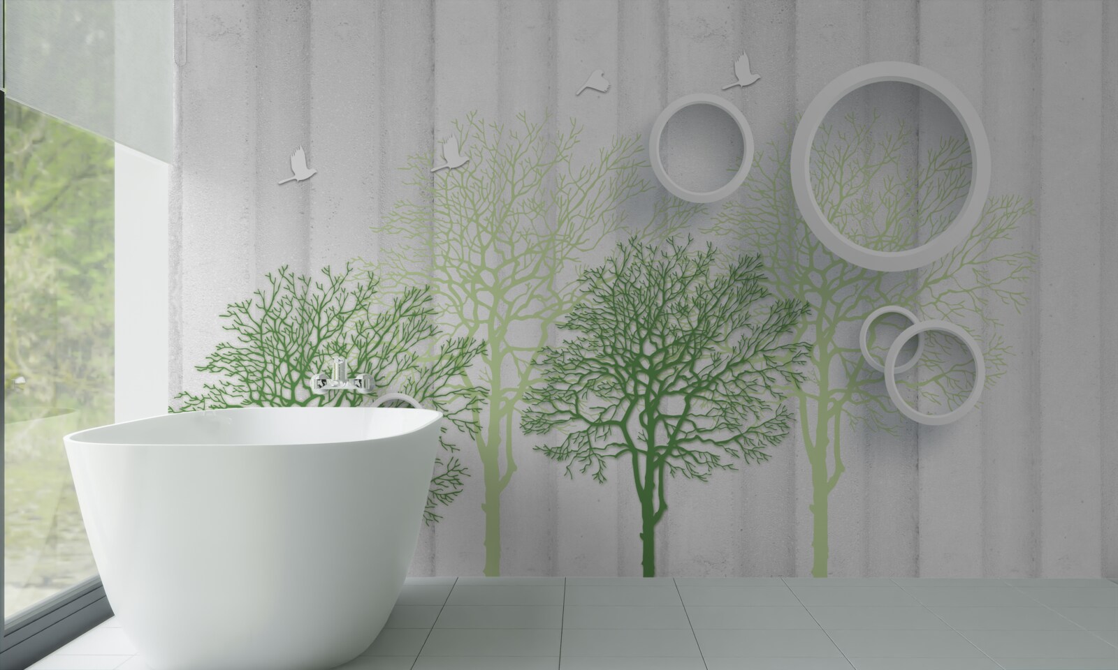 Fototapet copaci subțiri cu frunze verzi și cercuri albe ca zăpada