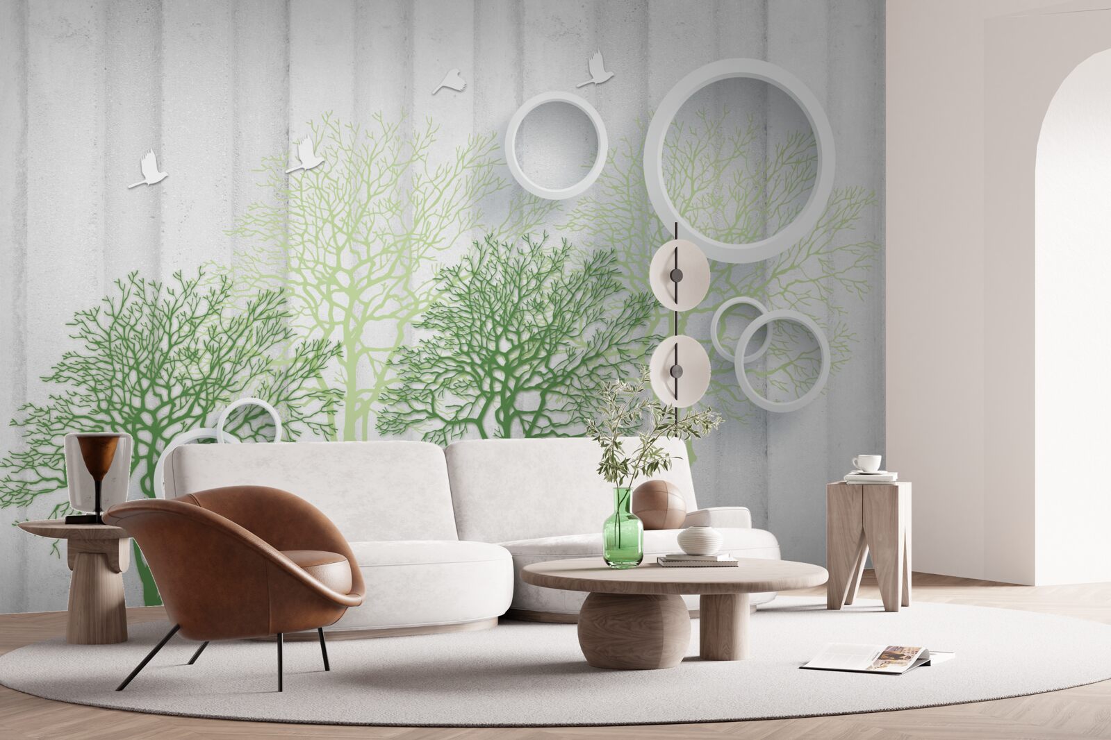 Fototapet copaci subțiri cu frunze verzi și cercuri albe ca zăpada