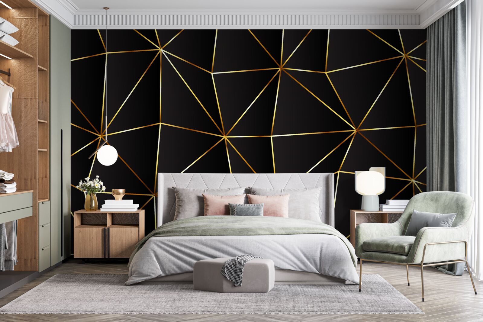 Fototapet elemente de aur pe un fundal negru triunghi