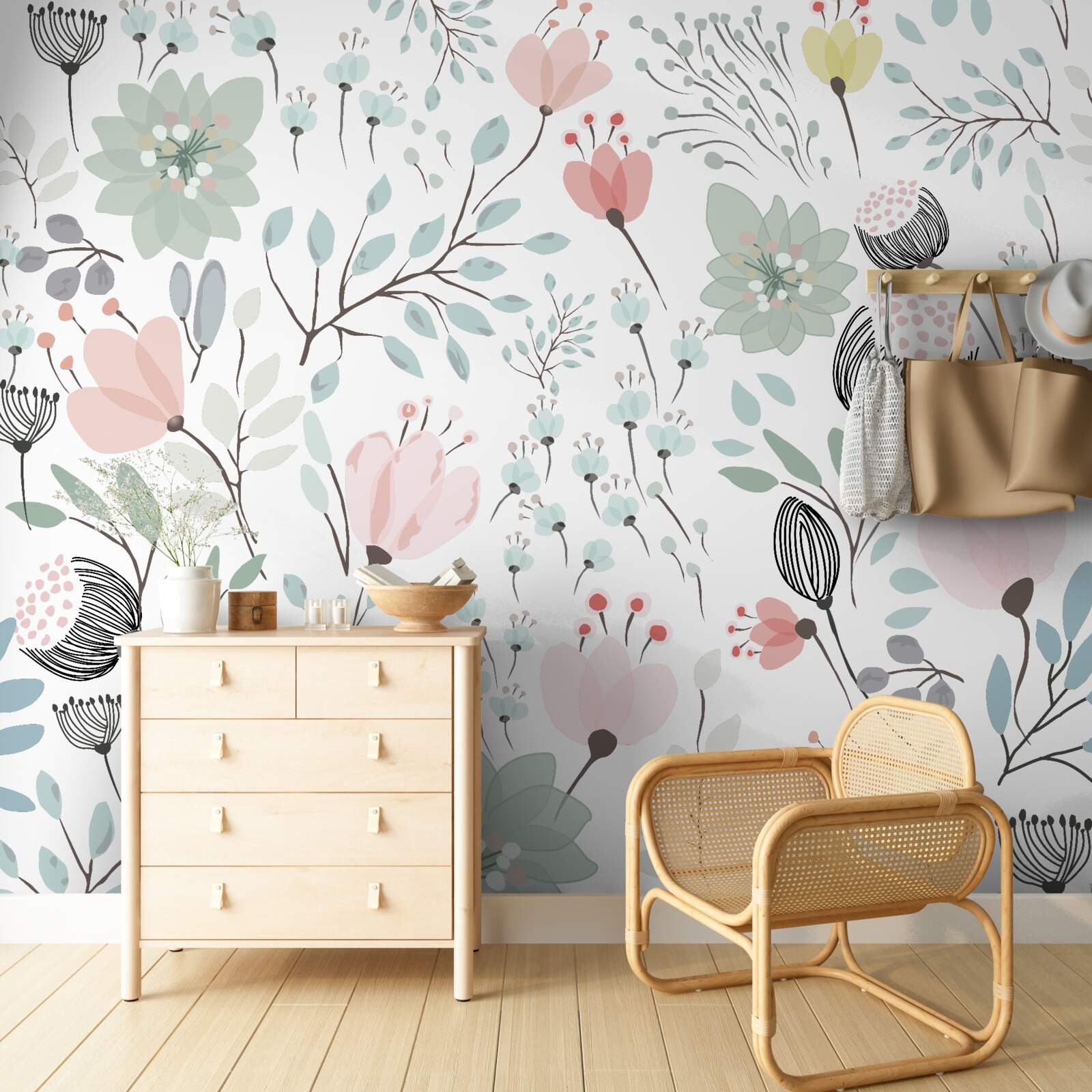 Fototapet flori în nuanțe de roz și verde