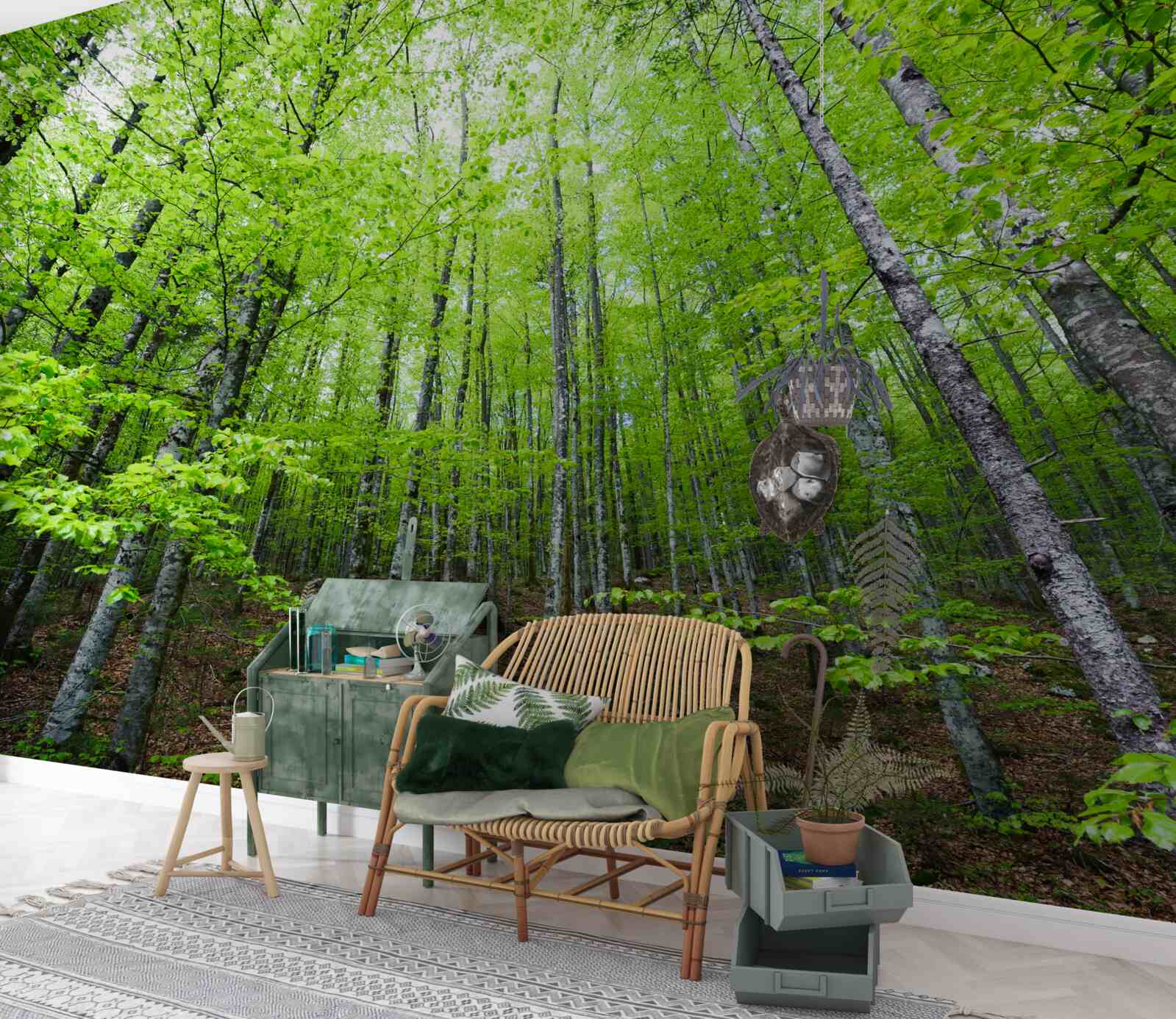 Fototapet coroanele verzi ale copacilor din pădure strălucesc