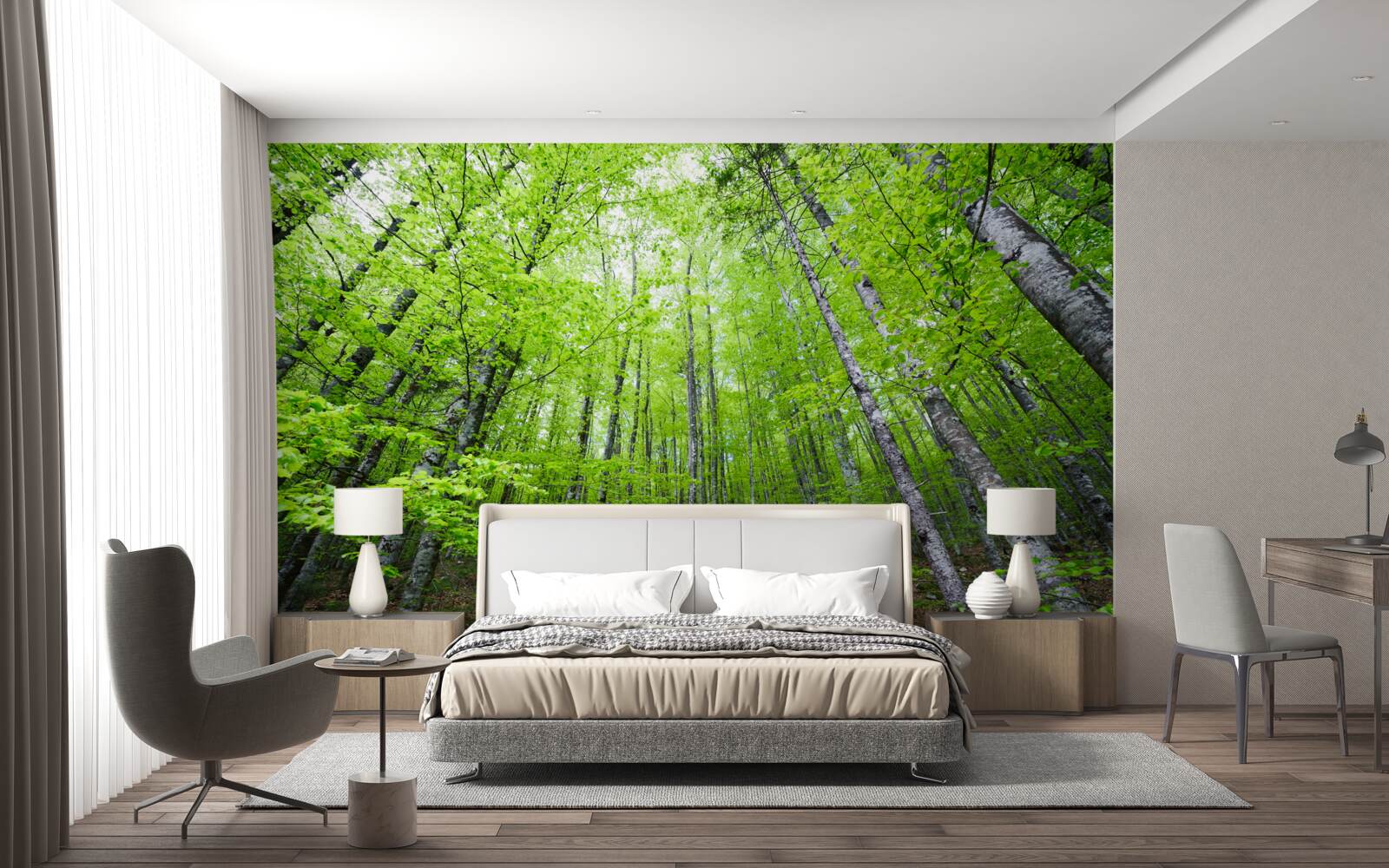 Fototapet coroanele verzi ale copacilor din pădure strălucesc