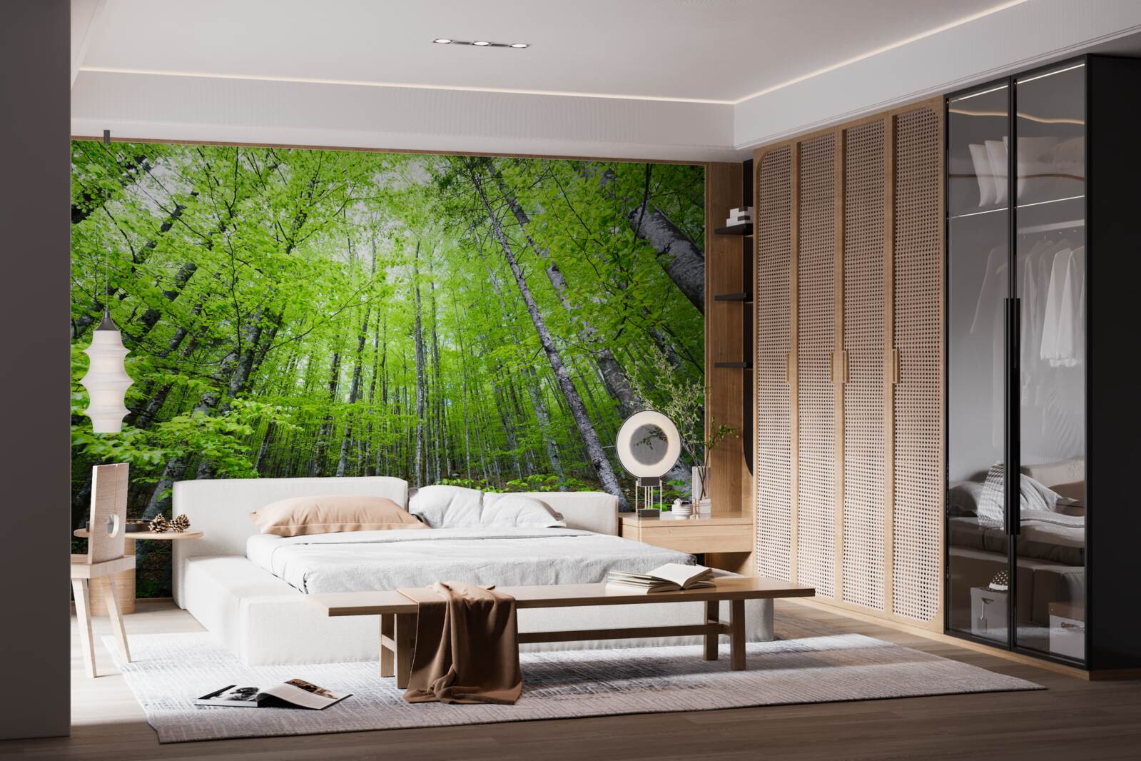 Fototapet coroanele verzi ale copacilor din pădure strălucesc