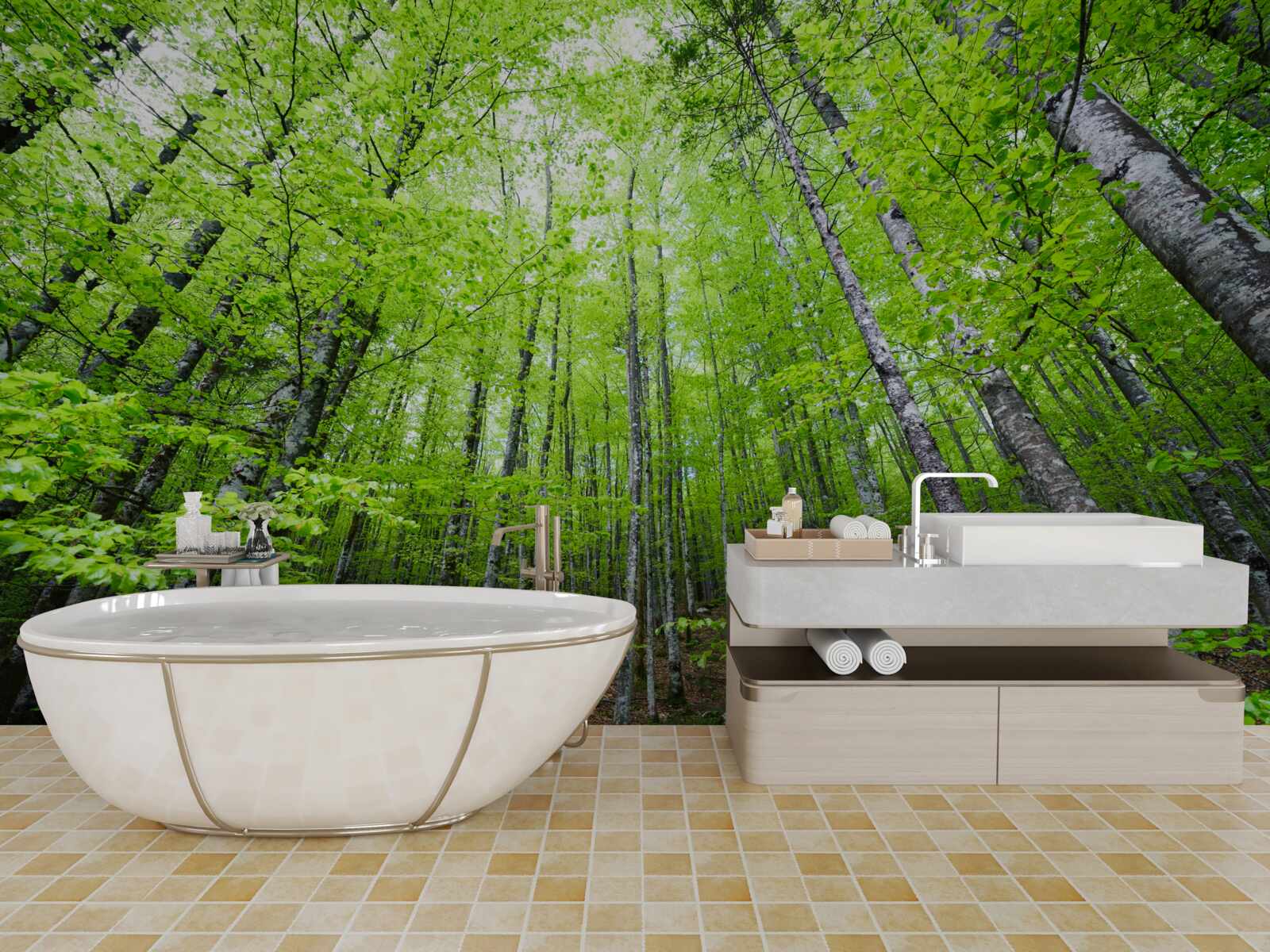 Fototapet coroanele verzi ale copacilor din pădure strălucesc