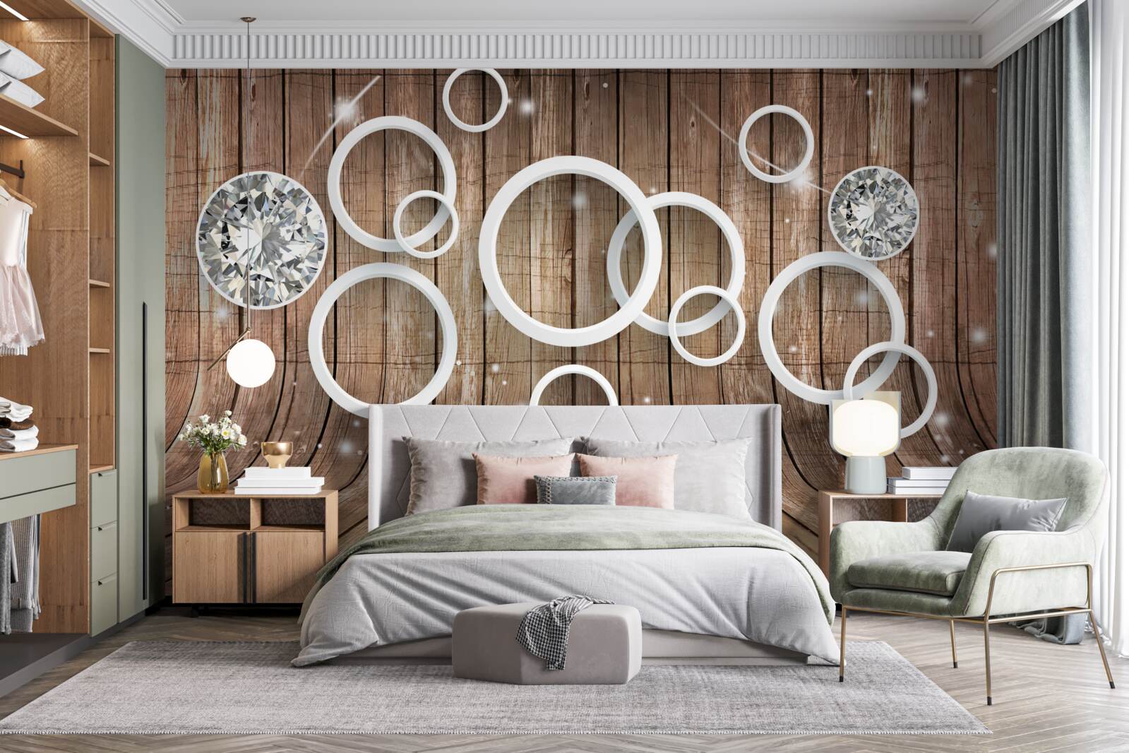 Fototapet textură de lemn și cercuri albe