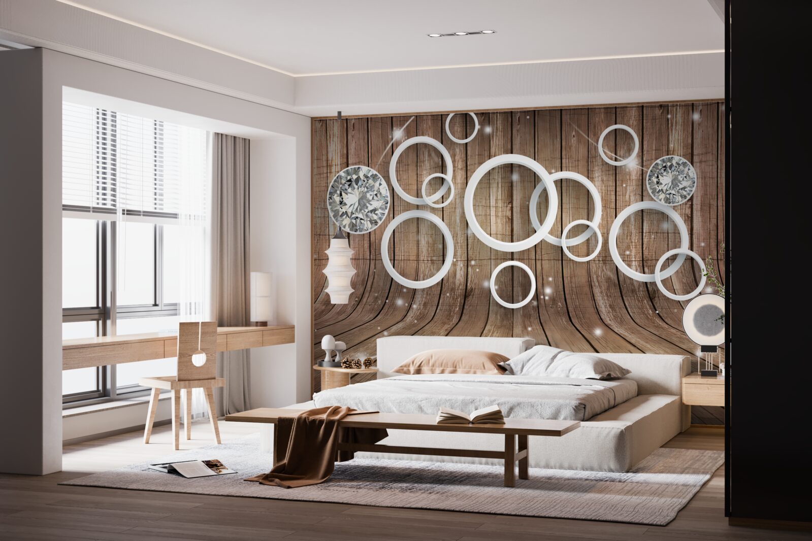 Fototapet textură de lemn și cercuri albe