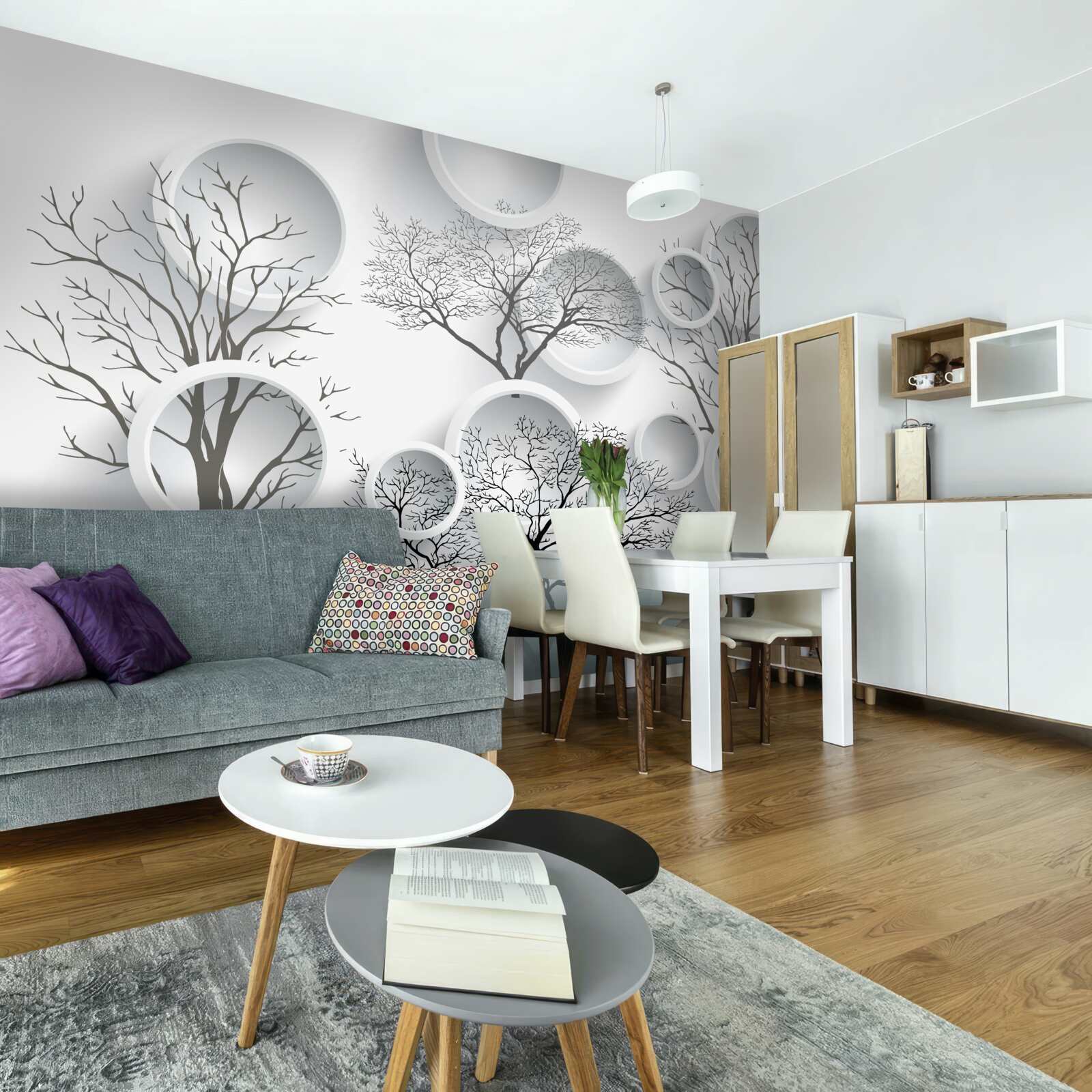 Fototapet cercuri albe și copaci