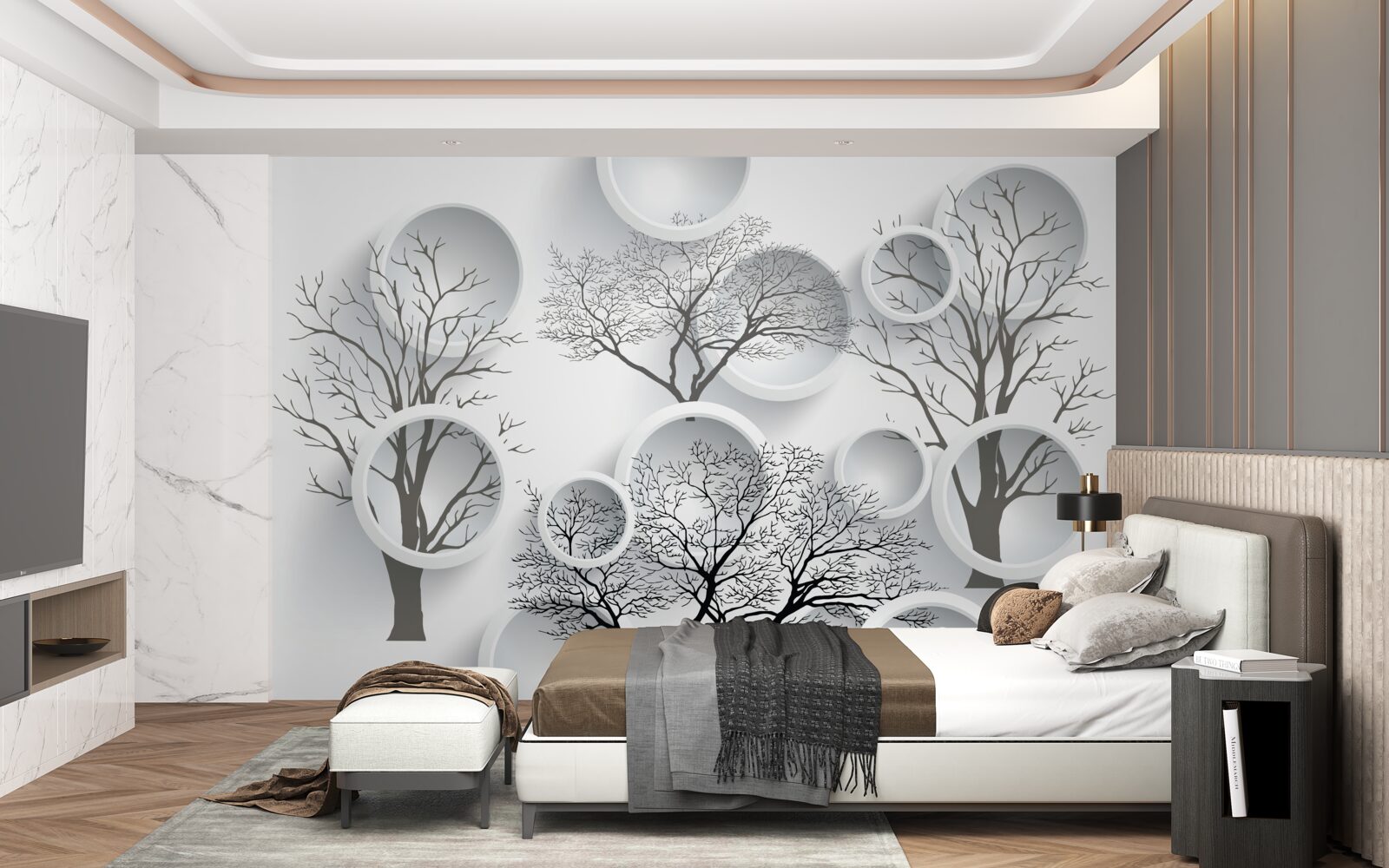 Fototapet cercuri albe și copaci