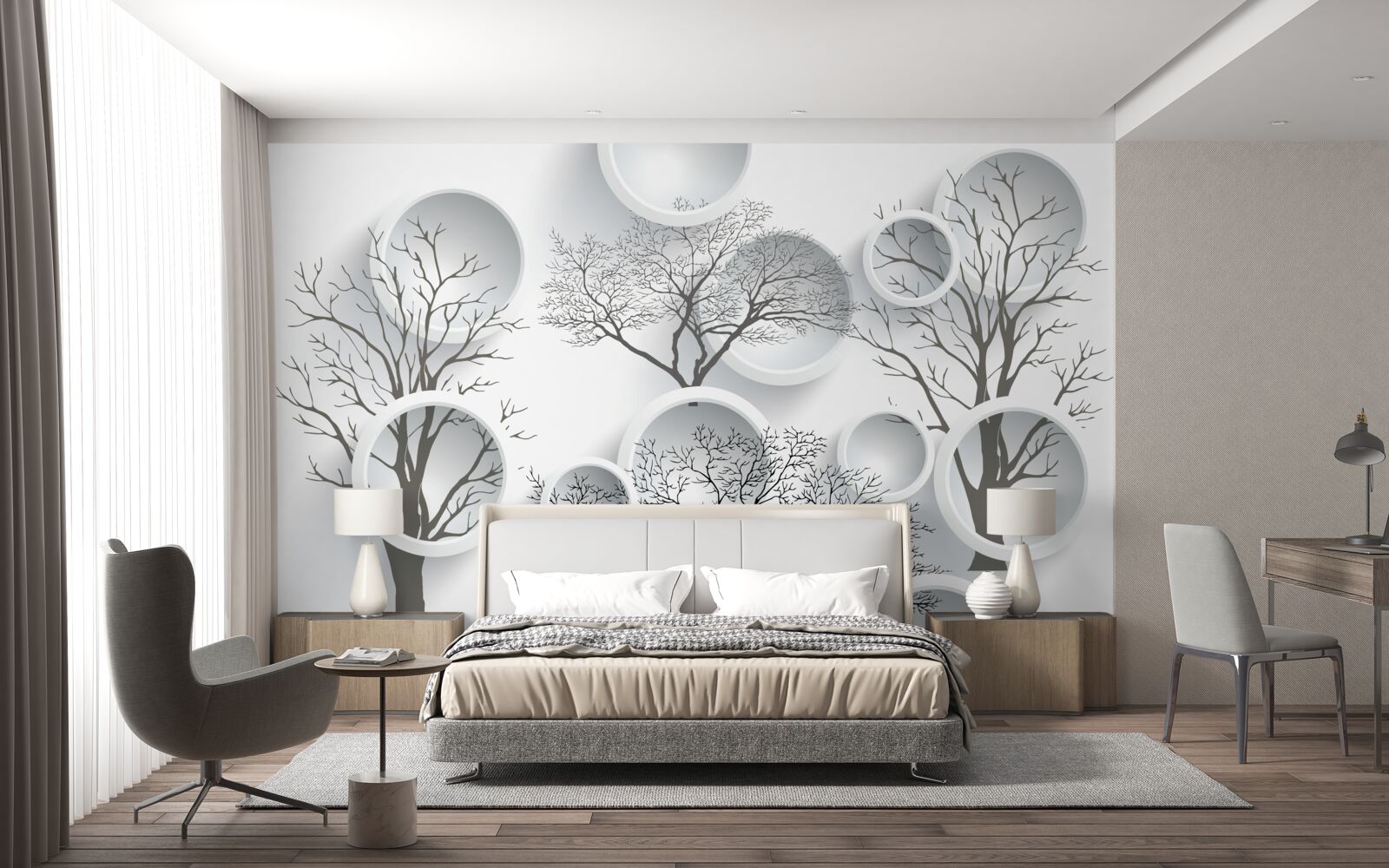 Fototapet cercuri albe și copaci