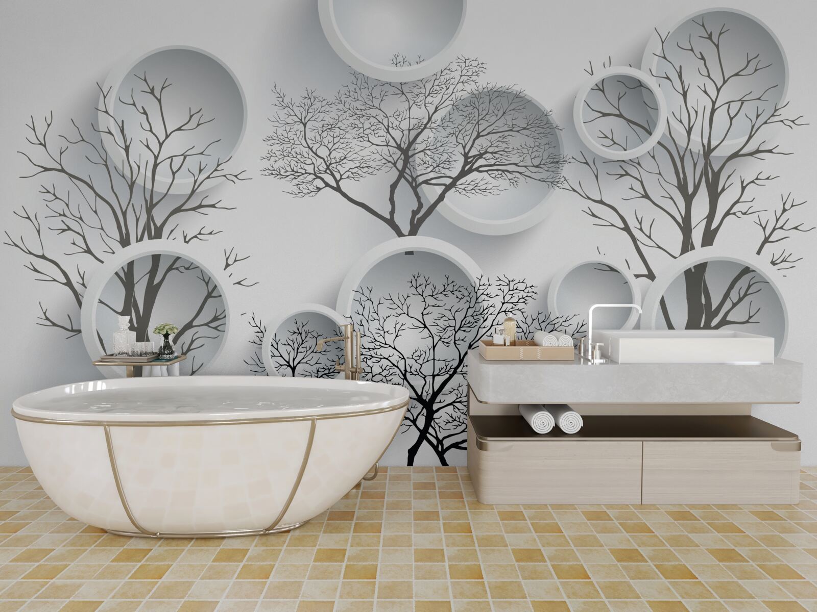 Fototapet cercuri albe și copaci