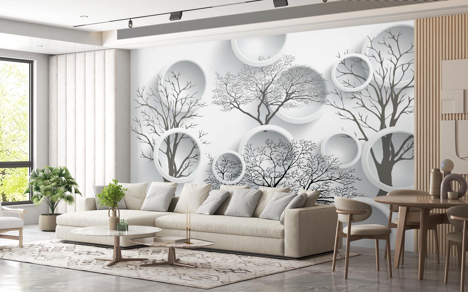 Fototapet cercuri albe și copaci