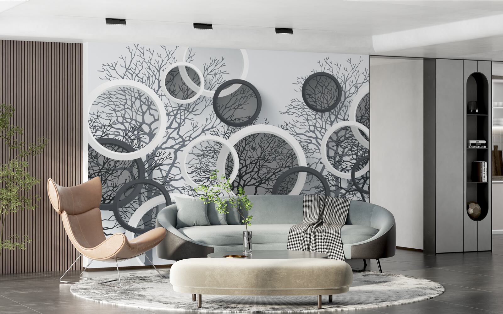 Fototapet copaci în ceață și cercuri