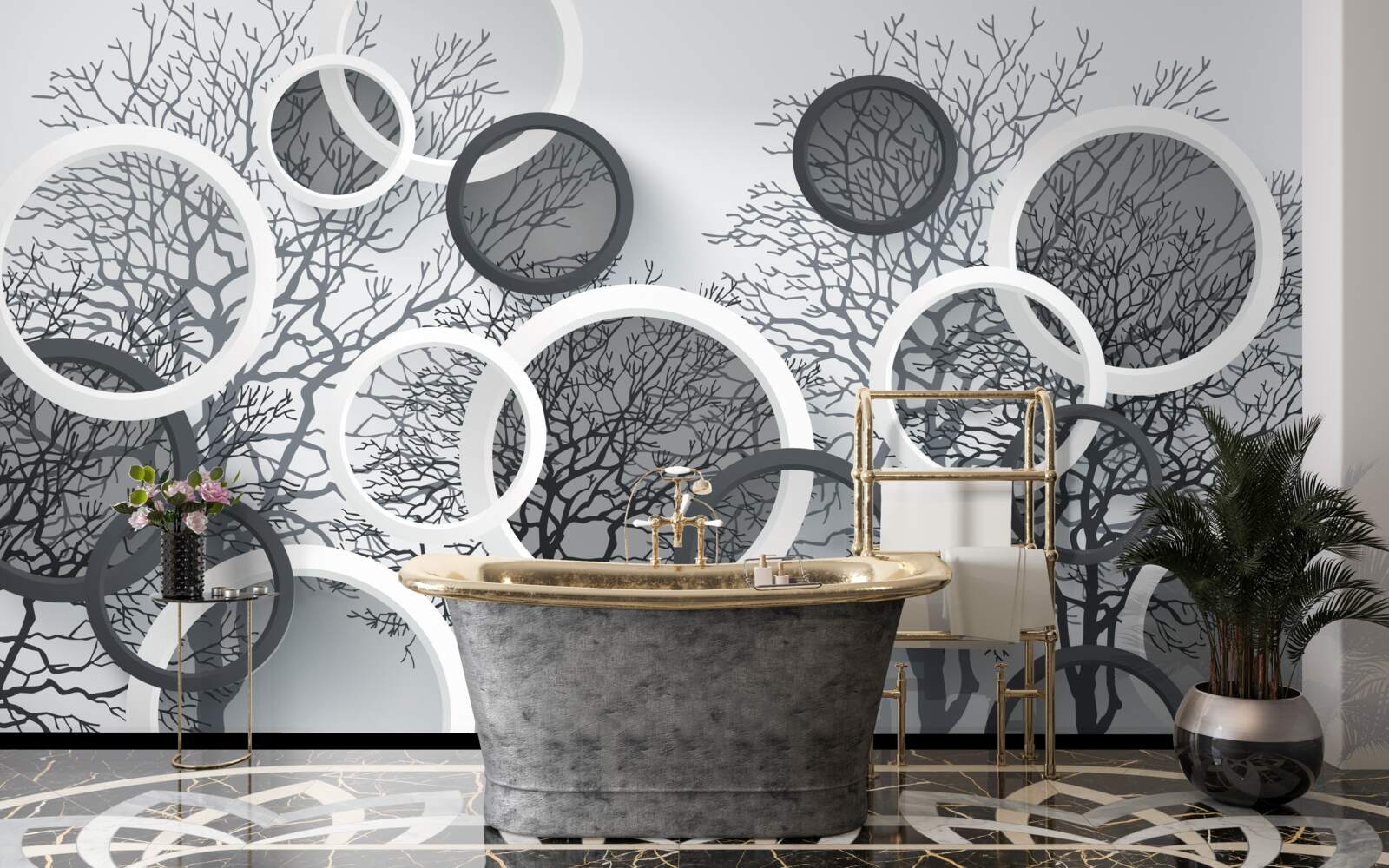 Fototapet copaci în ceață și cercuri