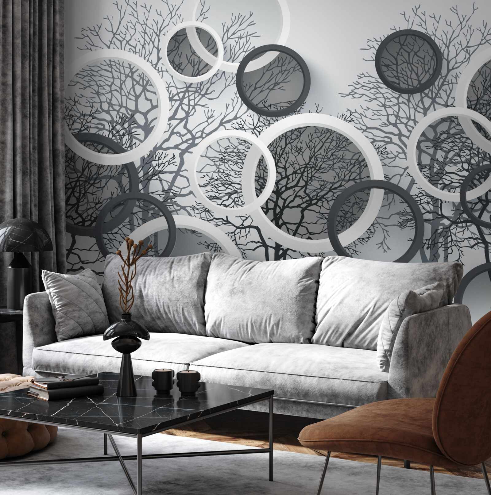 Fototapet copaci în ceață și cercuri