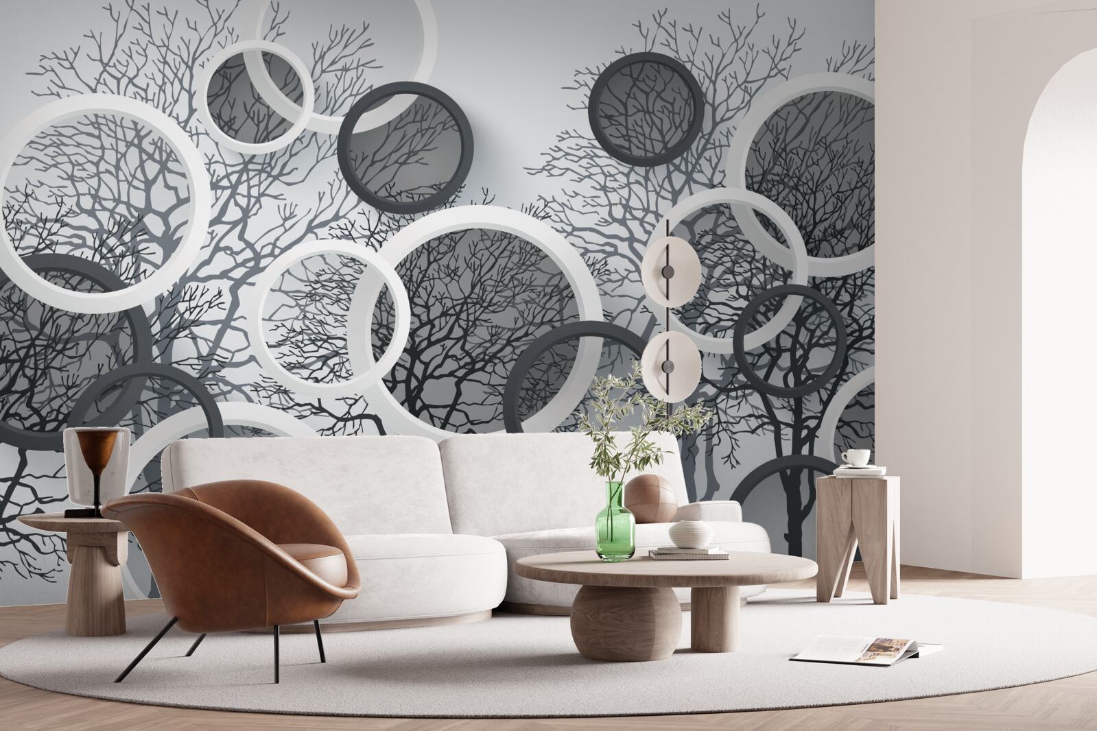 Fototapet copaci în ceață și cercuri
