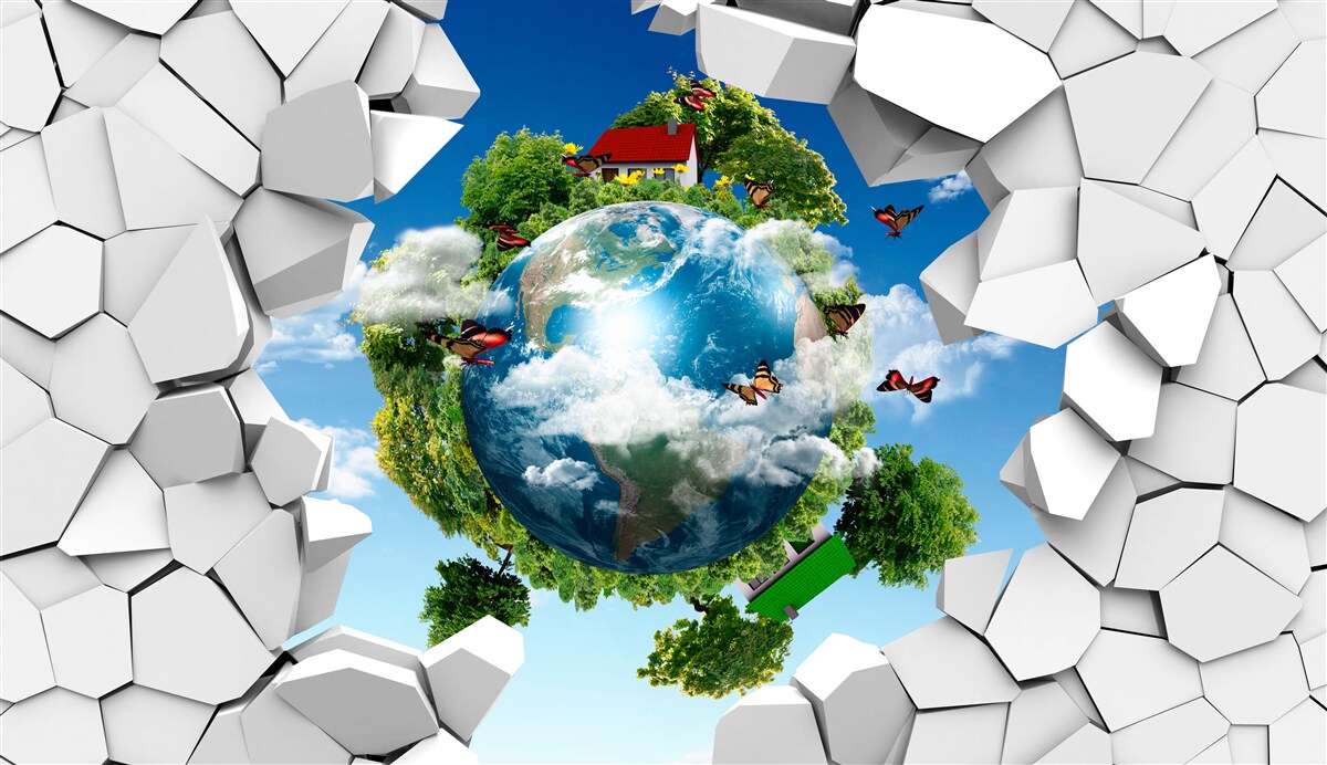 Fototapet Un zid de piatră și o planetă acoperită de verdeață