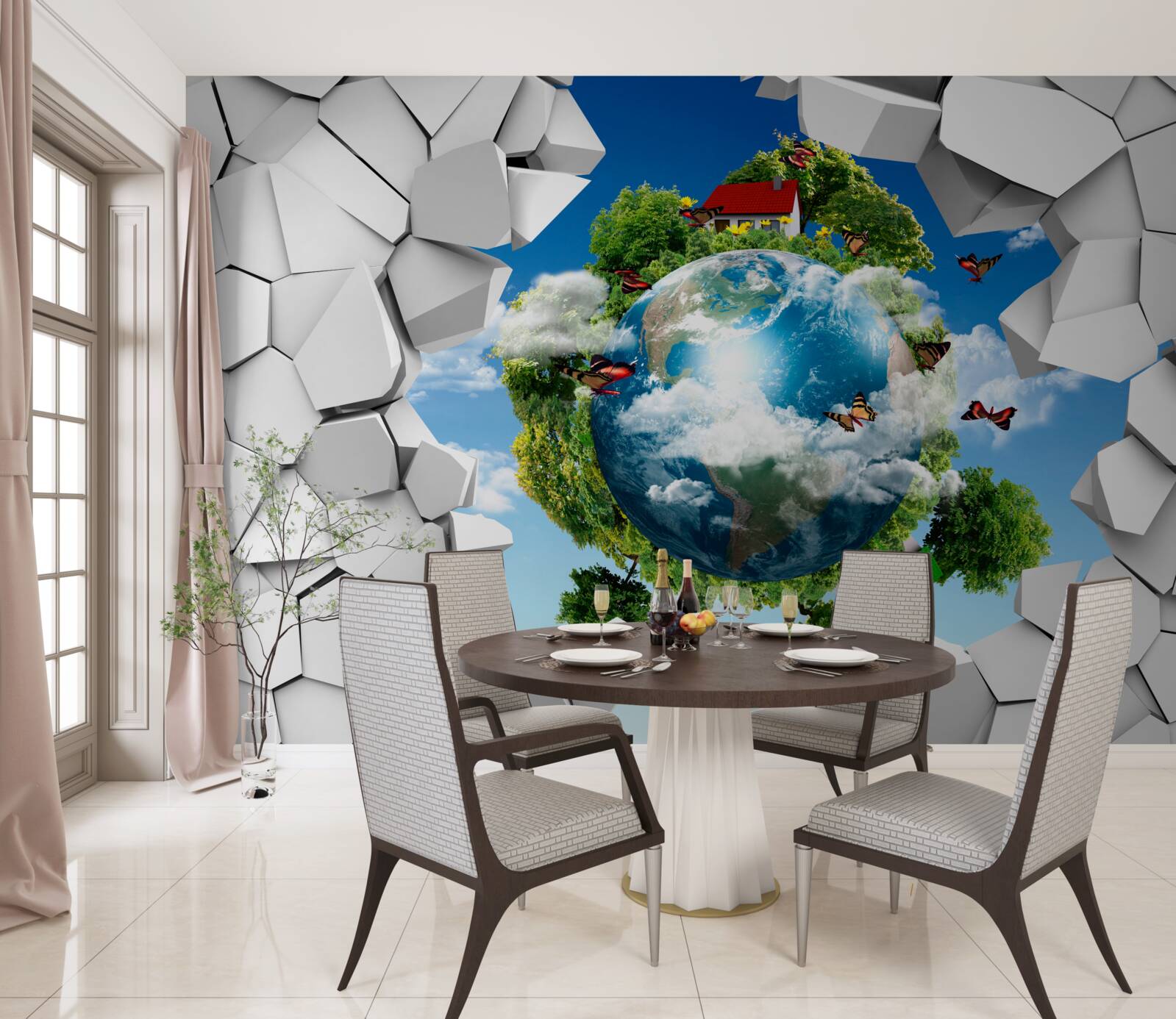 Fototapet Un zid de piatră și o planetă acoperită de verdeață