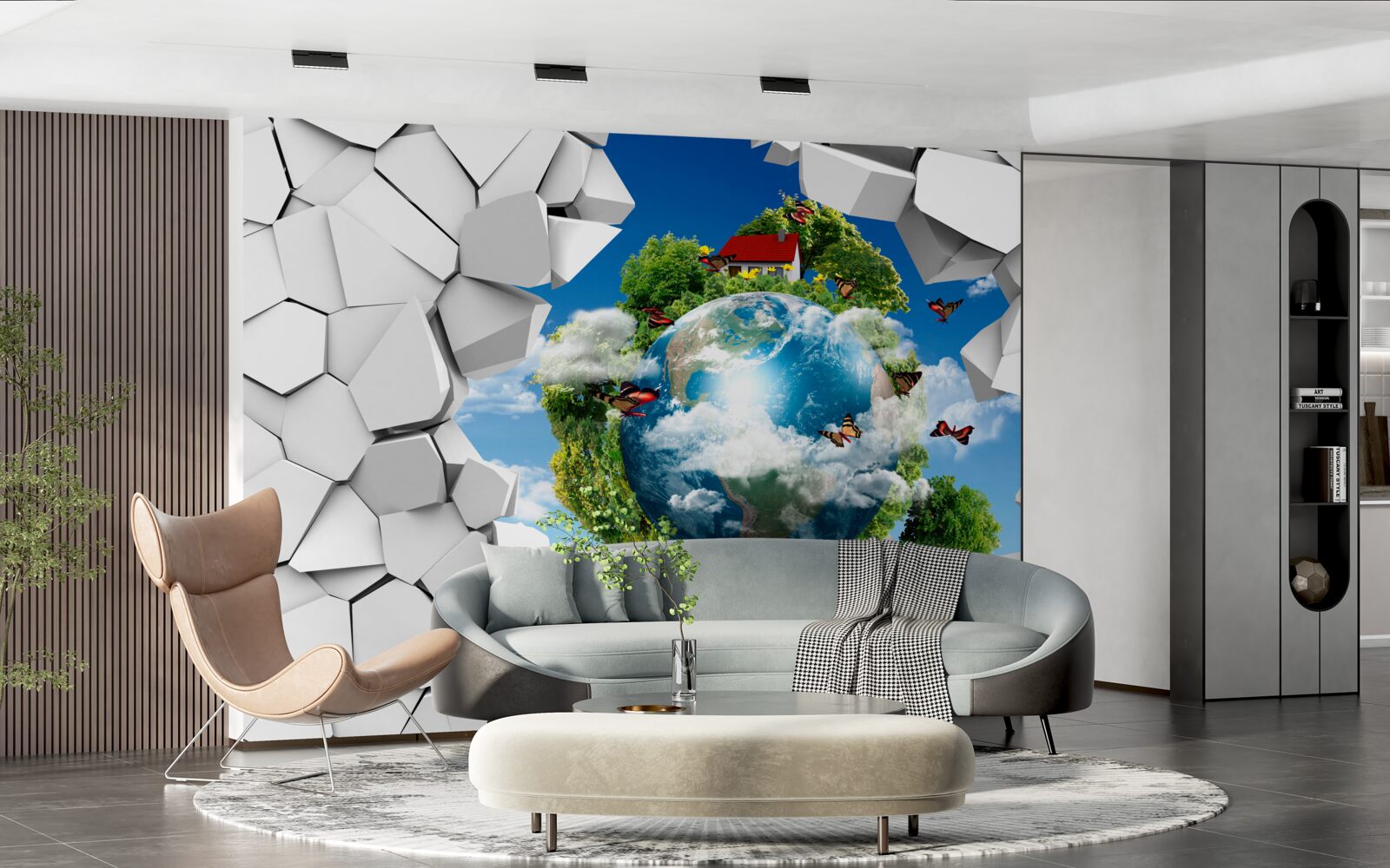 Fototapet Un zid de piatră și o planetă acoperită de verdeață