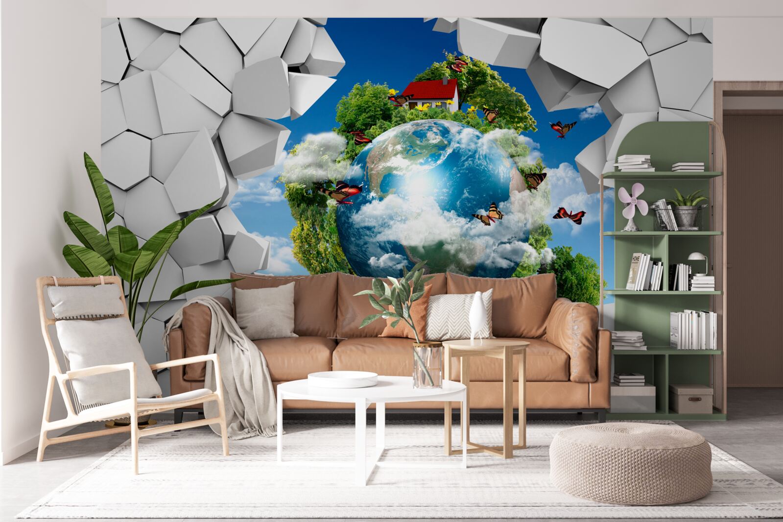 Fototapet Un zid de piatră și o planetă acoperită de verdeață