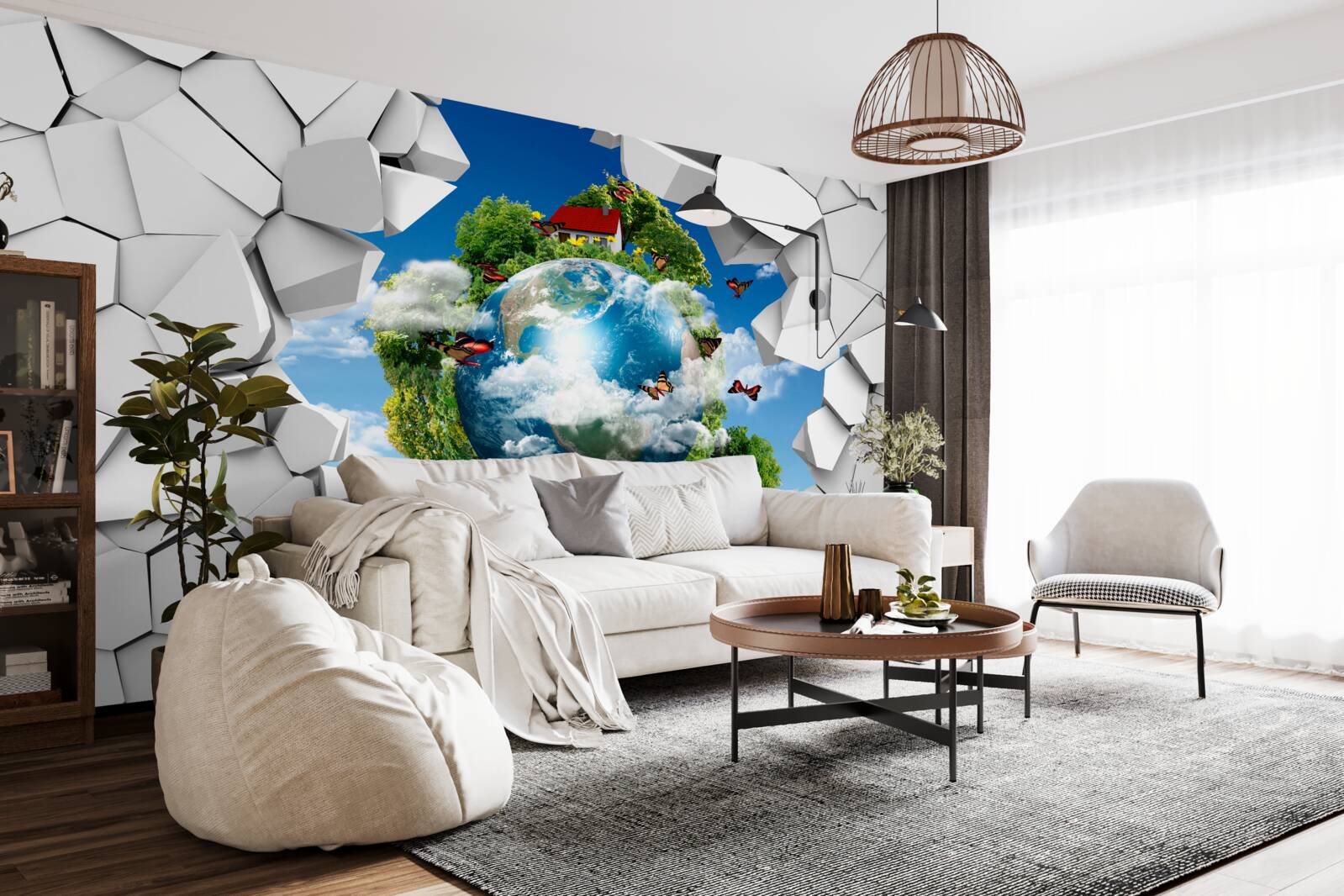 Fototapet Un zid de piatră și o planetă acoperită de verdeață