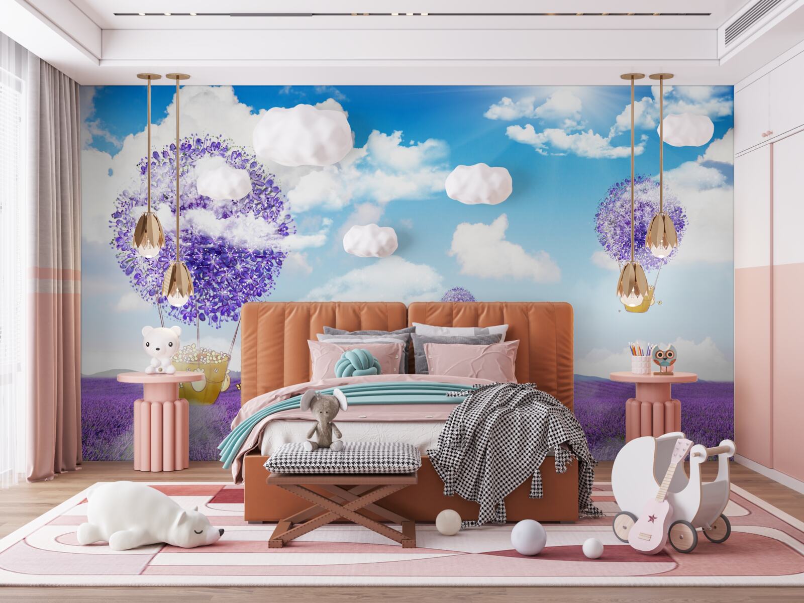 Fototapet plantație de lavandă și baloane