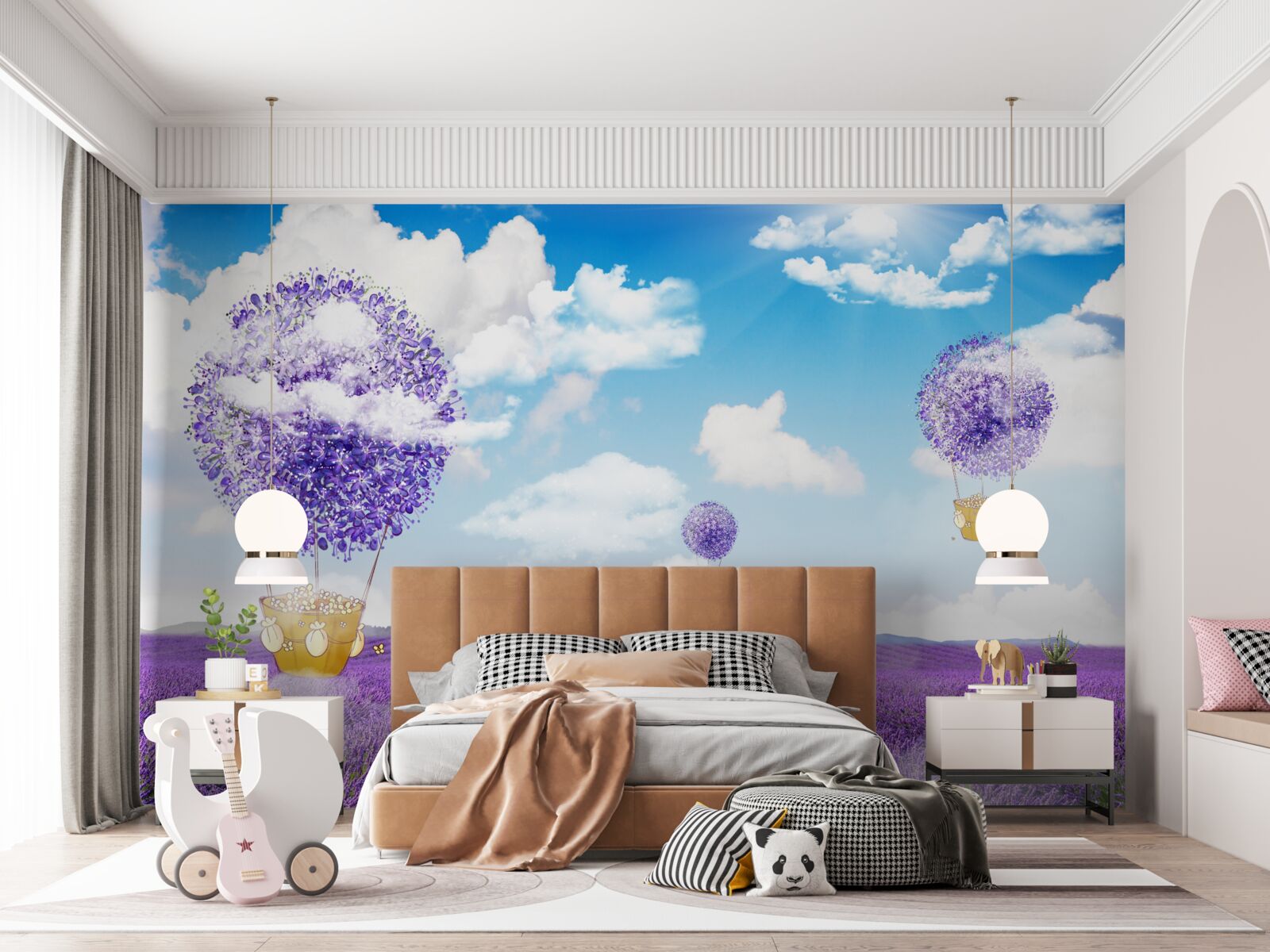 Fototapet plantație de lavandă și baloane