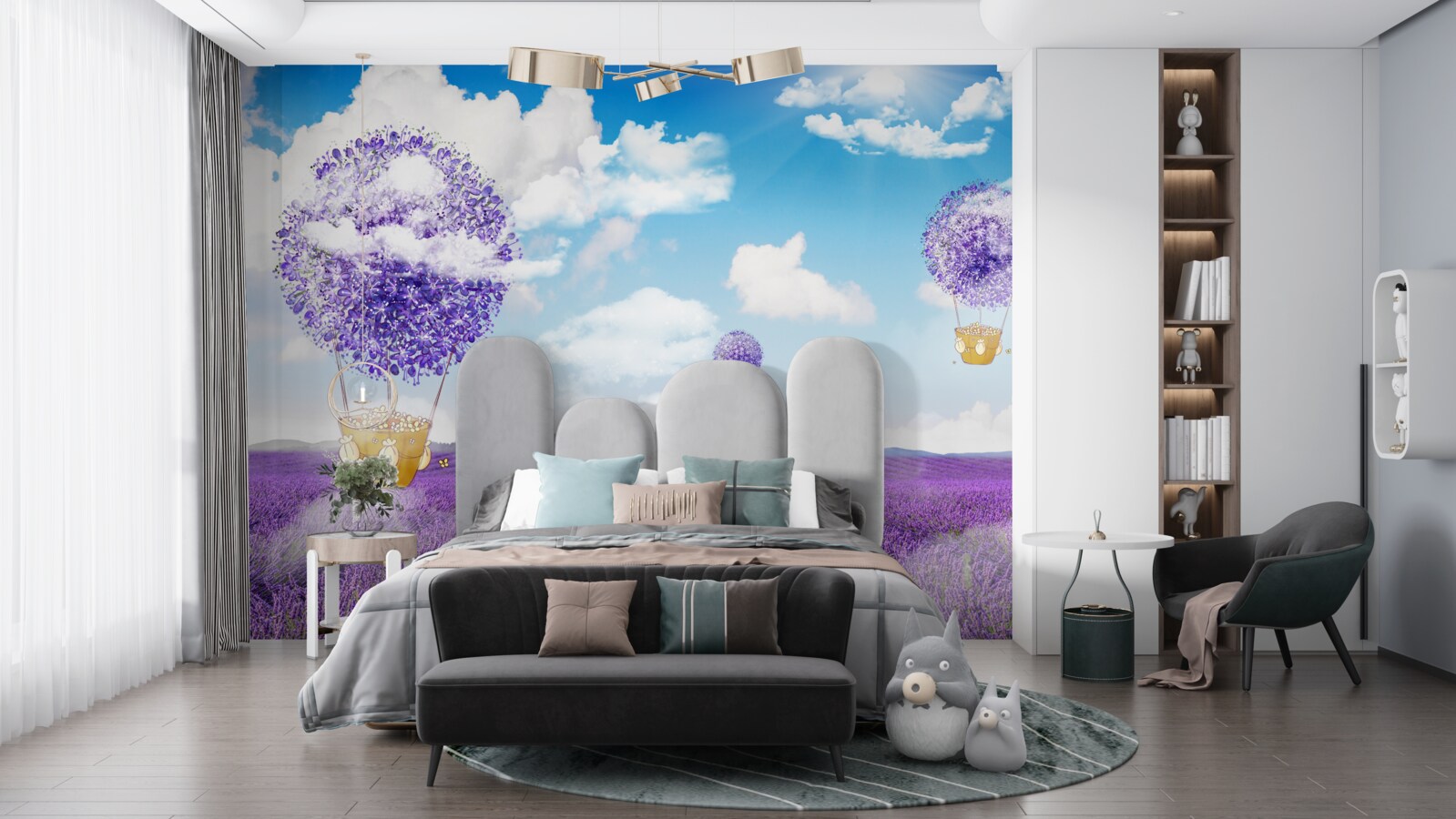 Fototapet plantație de lavandă și baloane