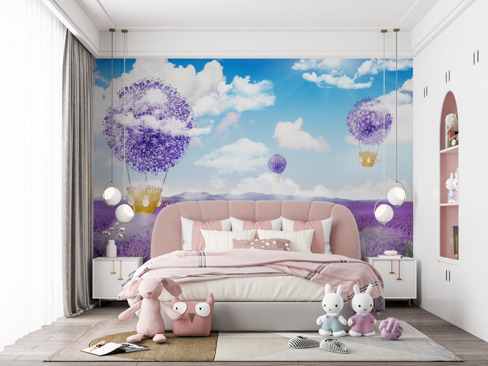 Fototapet plantație de lavandă și baloane