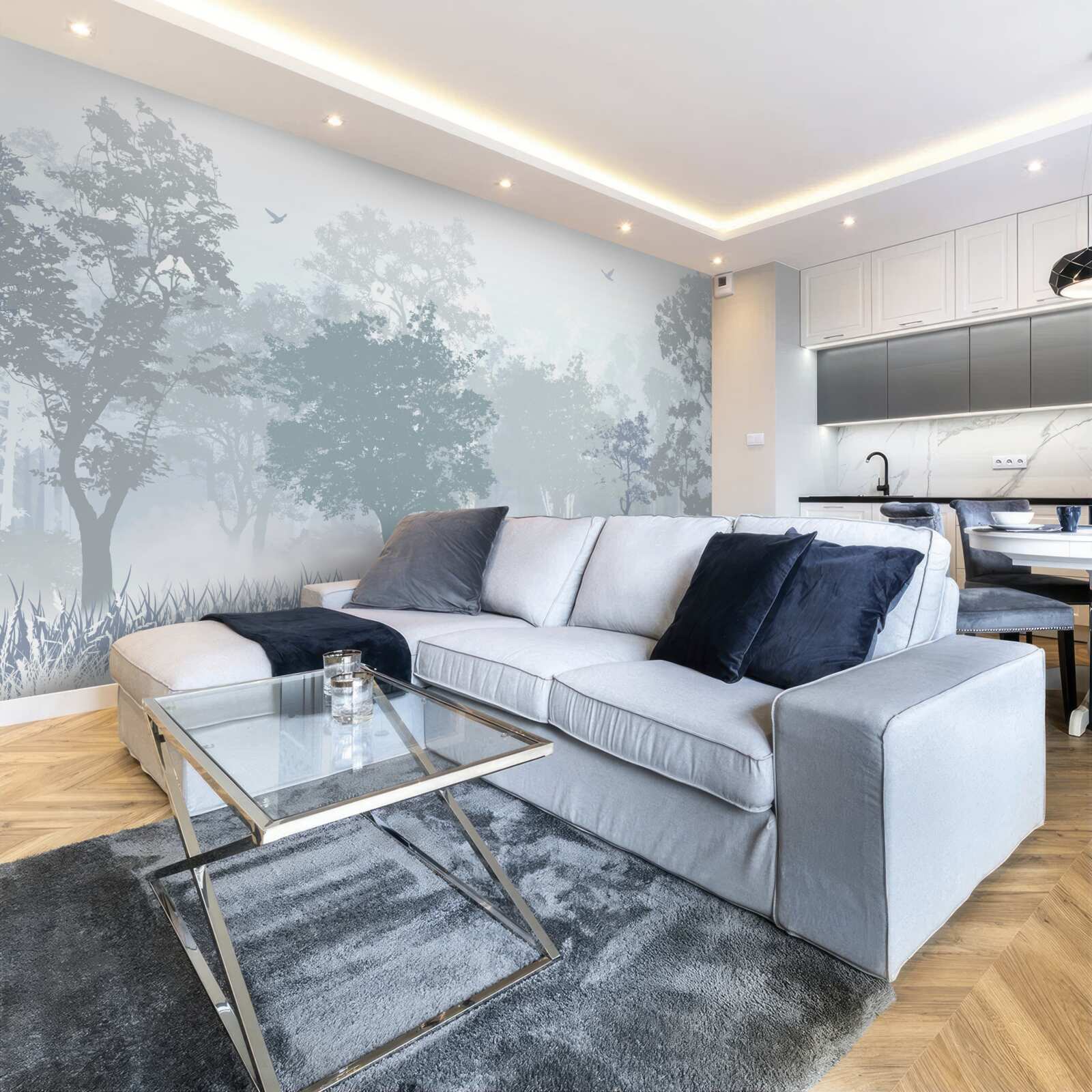 Fototapet pădure de dimineață învăluită în ceață