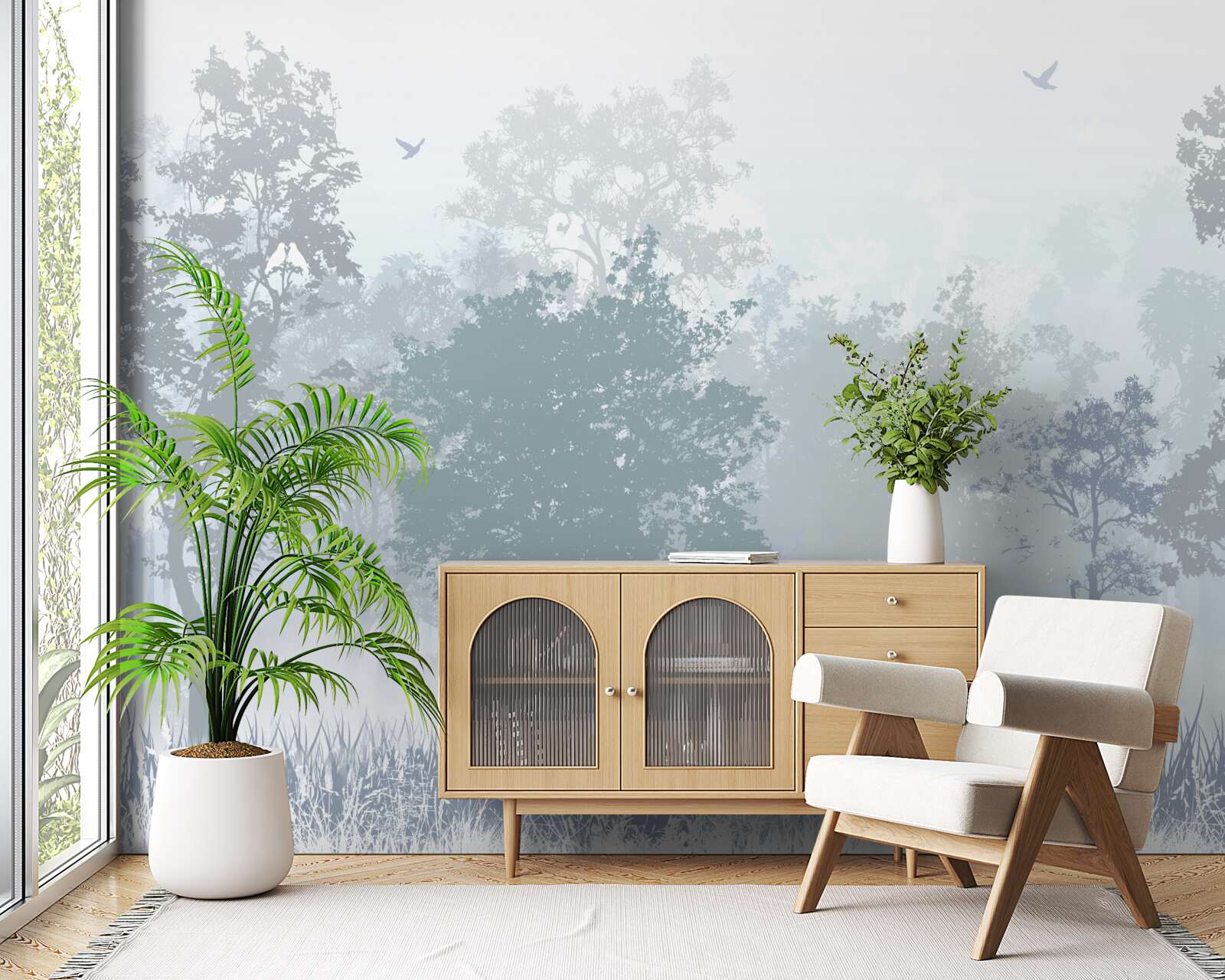 Fototapet pădure de dimineață învăluită în ceață