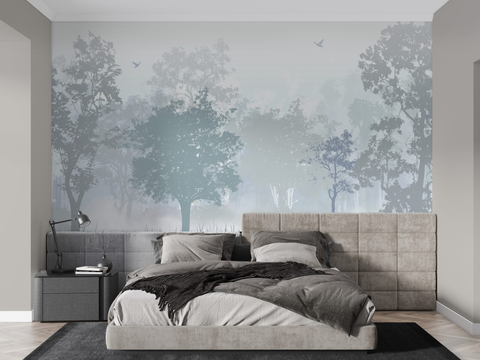 Fototapet pădure de dimineață învăluită în ceață