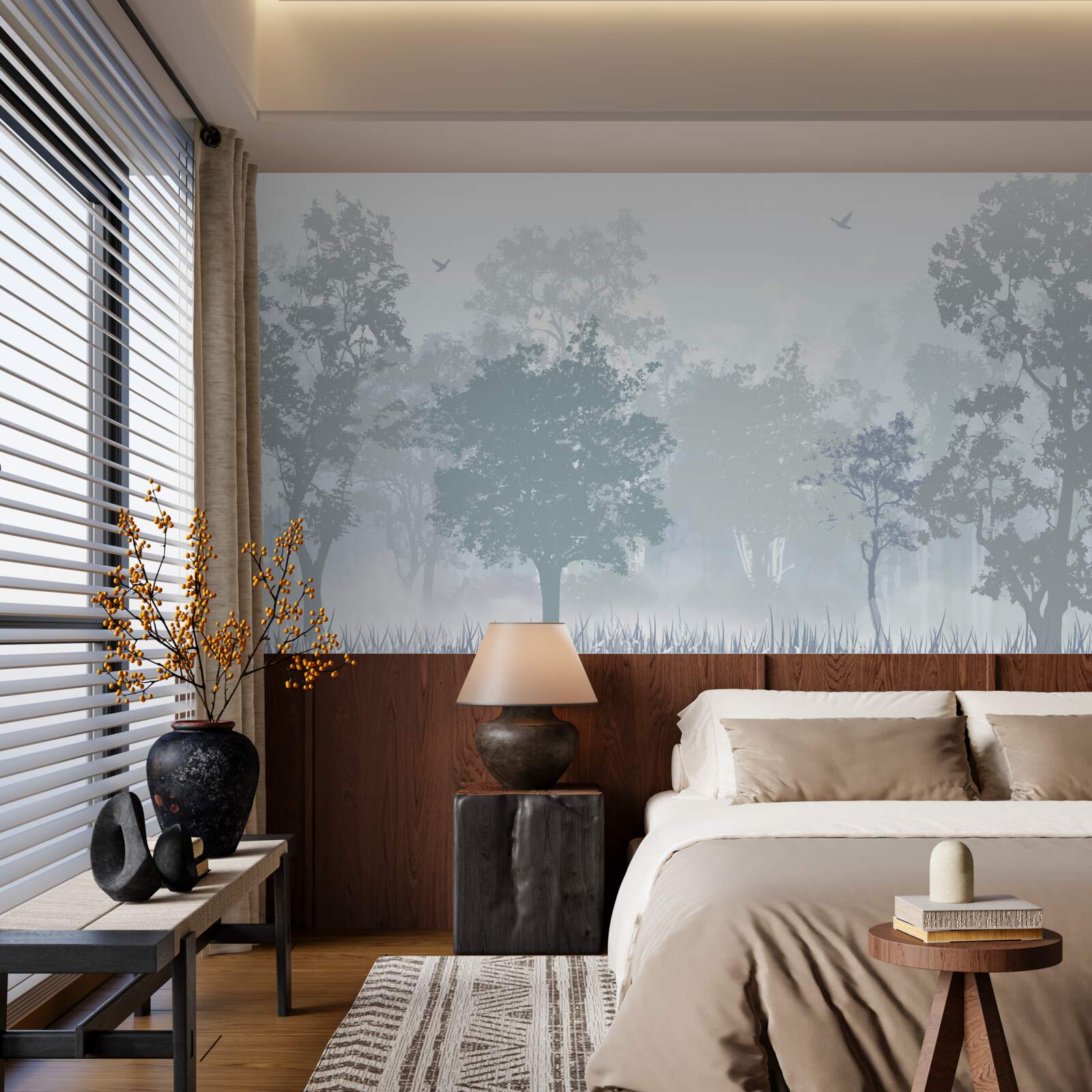 Fototapet pădure de dimineață învăluită în ceață