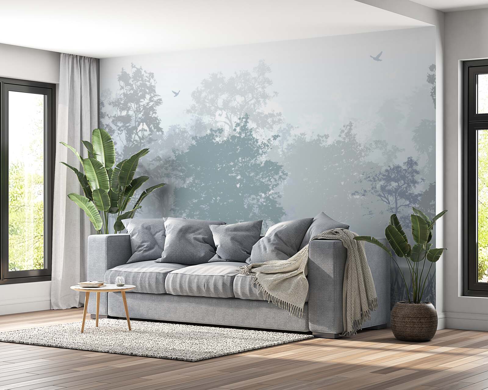 Fototapet pădure de dimineață învăluită în ceață