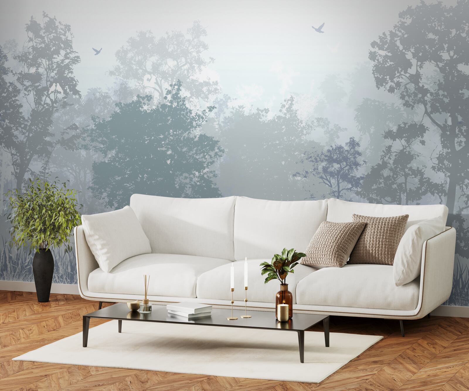 Fototapet pădure de dimineață învăluită în ceață