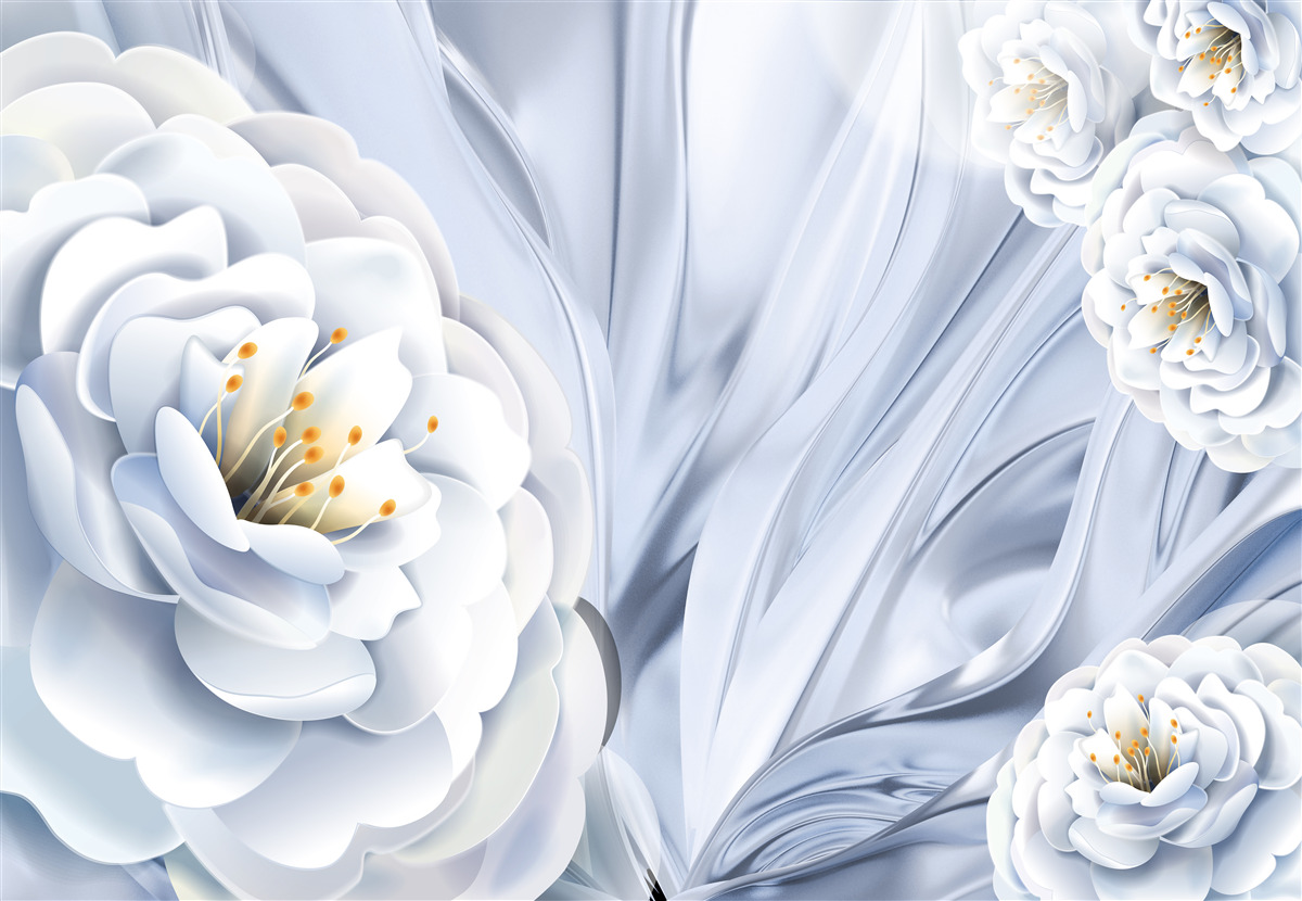 Fototapet muguri mari albi ca zăpada și frunze verzi