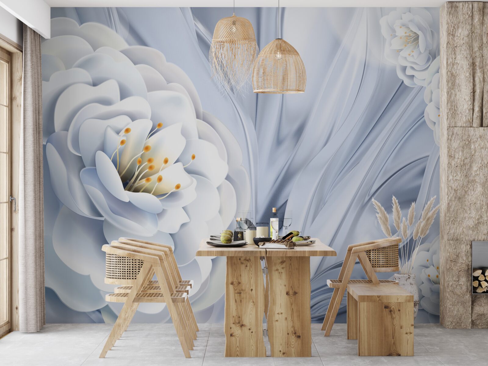 Fototapet muguri mari albi ca zăpada și frunze verzi