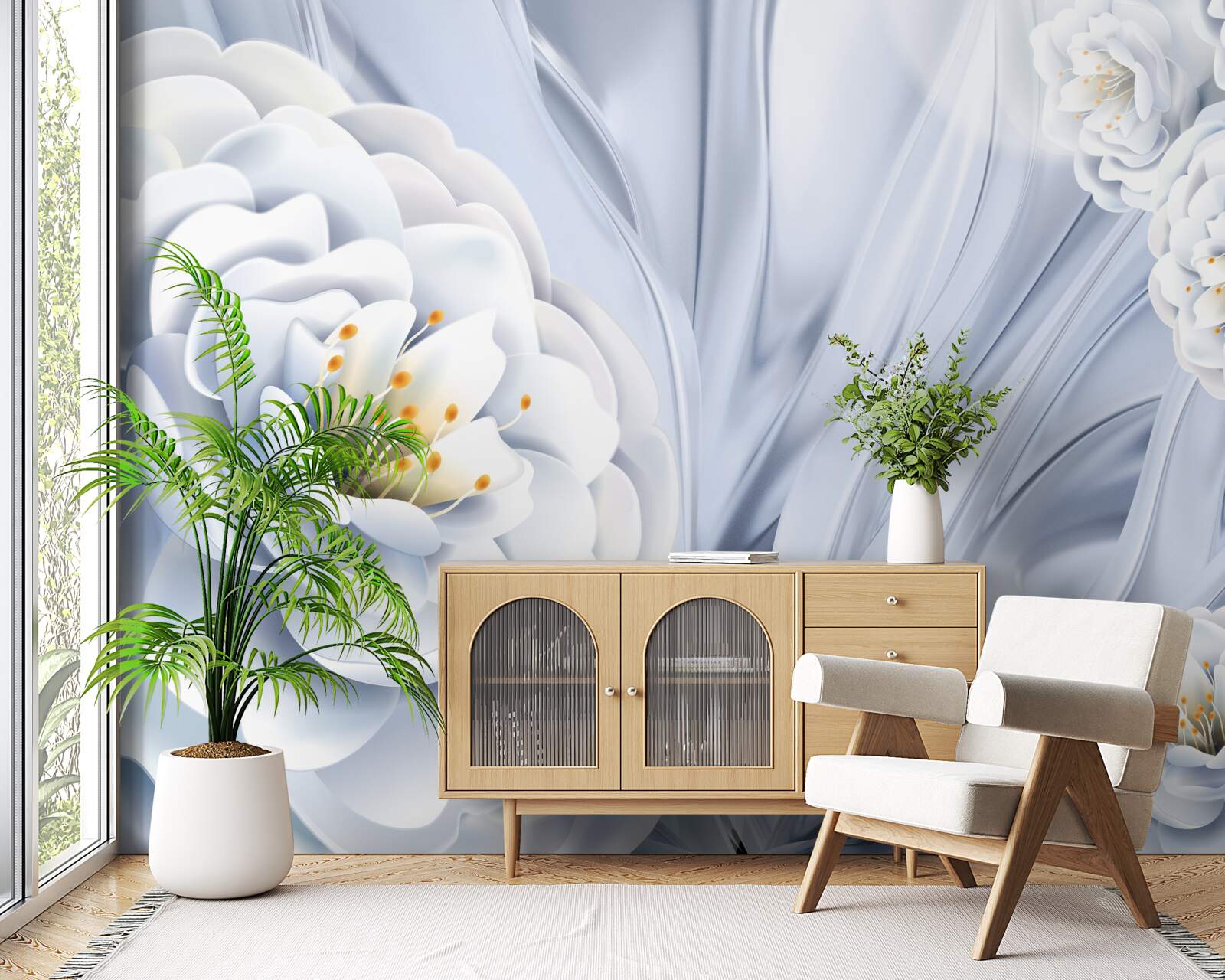 Fototapet muguri mari albi ca zăpada și frunze verzi